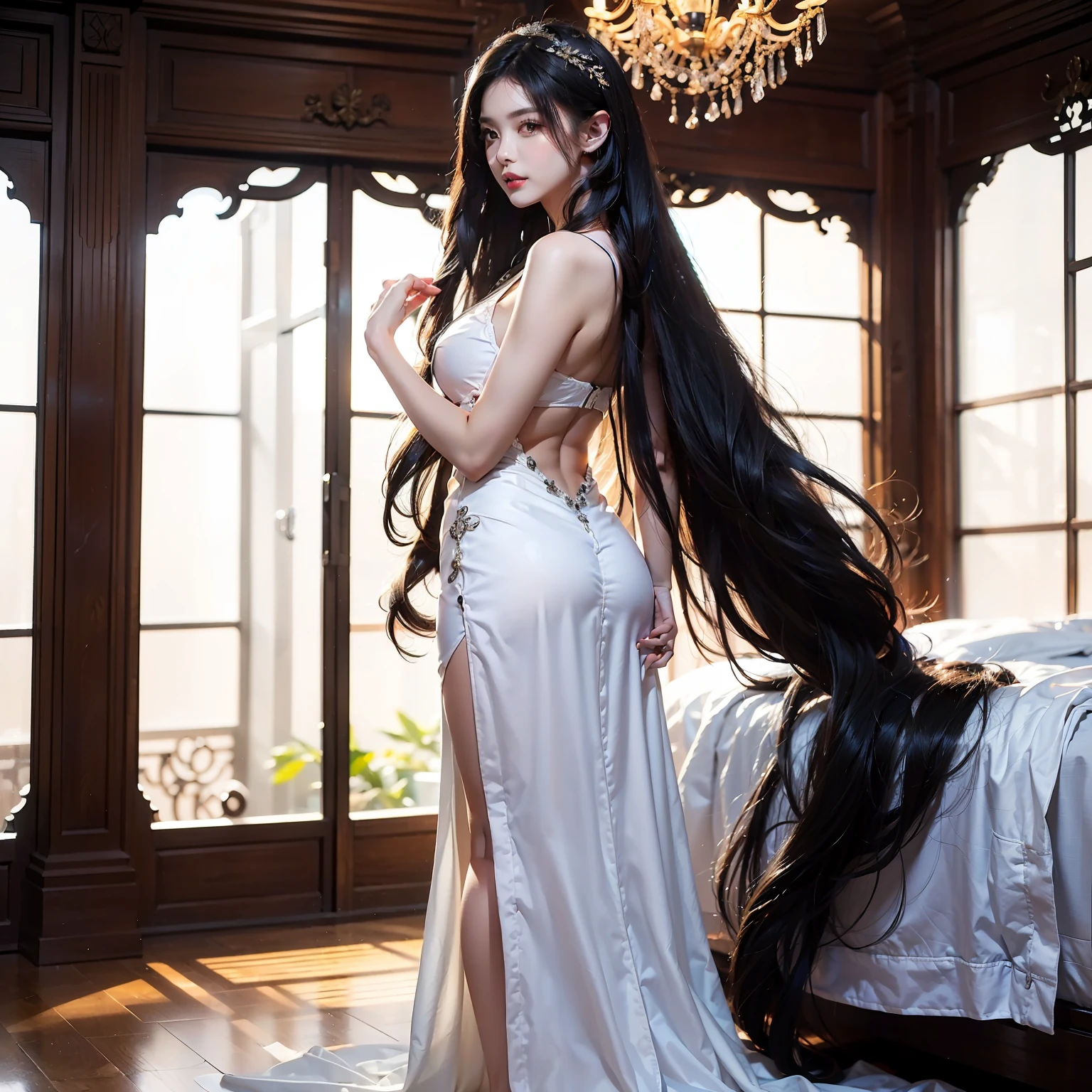 ((Top image quality、top-quality、Top resolution、hyper realistic photography、16k、Full body photo、1 girl、Very beautiful face、Super Super Long Hair、hair length about 3 meters,,,,,、very thick twin-tailed hair、Very long twin tail hair、Black hair longer than height、Black hair that has not been cut for more than 20 years、Slender body、White underwear or naked、Winner of the World Long Hair Contest、Full body real photo、Head-to-toe photo、Photo taken from about 4 meters away、Super Real、Two hands、2 legs、5 fingers、))She has super long hair that covers her entire body、The longest black hair in the world、Hair is heavy and tired、Hair longer than Rapunzel、Hair that is shampooed every day is very clean、Hair smells of roses、Female sex appeal lies in very long black hair.、The attractiveness of women lies in very long black hair、Long black hair is a symbol of beauty、My pride is very long black hair、Bright lighting、profetional lighting、Beauties all over the world are jealous of my long black hair、