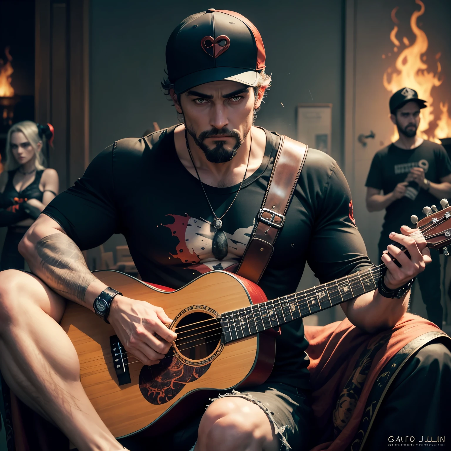 Create a caricature of a 33-year-old man, with a goatee, wearing a backwards hat and a black top and shorts, sitting on a motorbike and strumming an ukulele. The photo is realistic.
An image of a wizened Skeleton King, sitting grandly on his throne, with a calendar in hand, as he plans his next conquest. The mood is ominous and mystical.
Harley Quinn, a wild and eccentric woman with oversized hair, a red and black jester suit, holding a bat, and surrounded by flames, while an anxious crowd of people look on. The scene is chaotic and full of tension