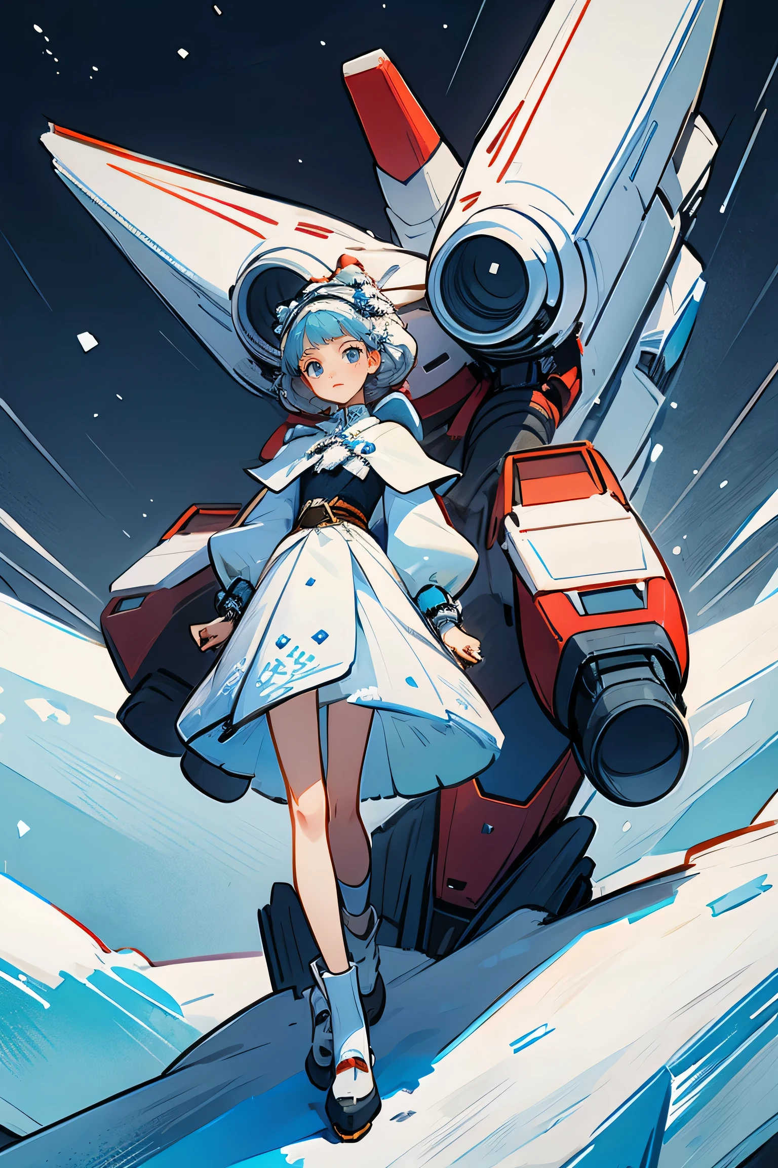 1girl, cute, ice and snow world, solo, skinny, wind, mecha outfit, full body, beautiful face, decorated with complex patterns and exquisite lines,