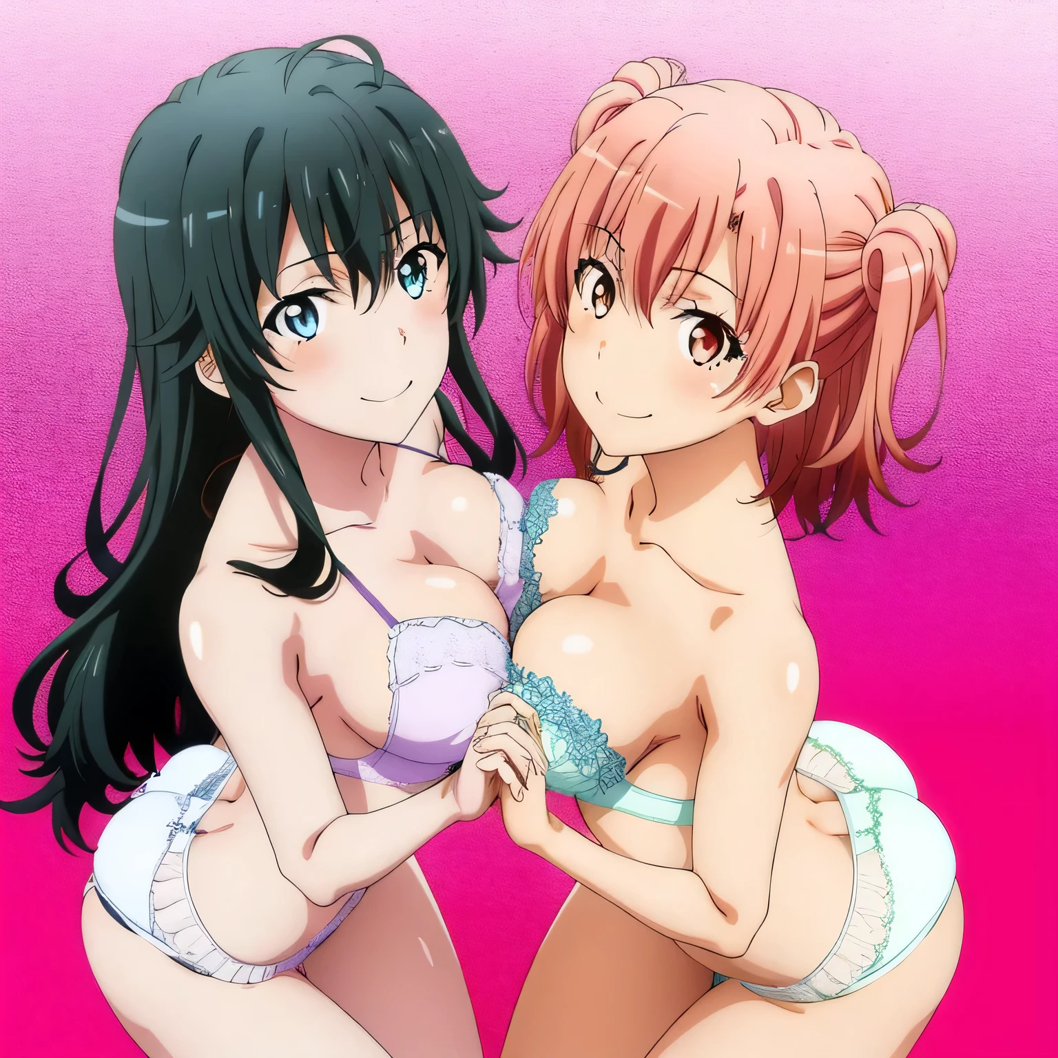 2 girls , Yukinoshita Yukino , yuigahama yui'My breasts and butt feel good..., waltz dance , In underwear,raise your legs,whole body,pink silk panties,white silk panties,thighs,high angle,smile,beautiful eyes,Clear eye color,
