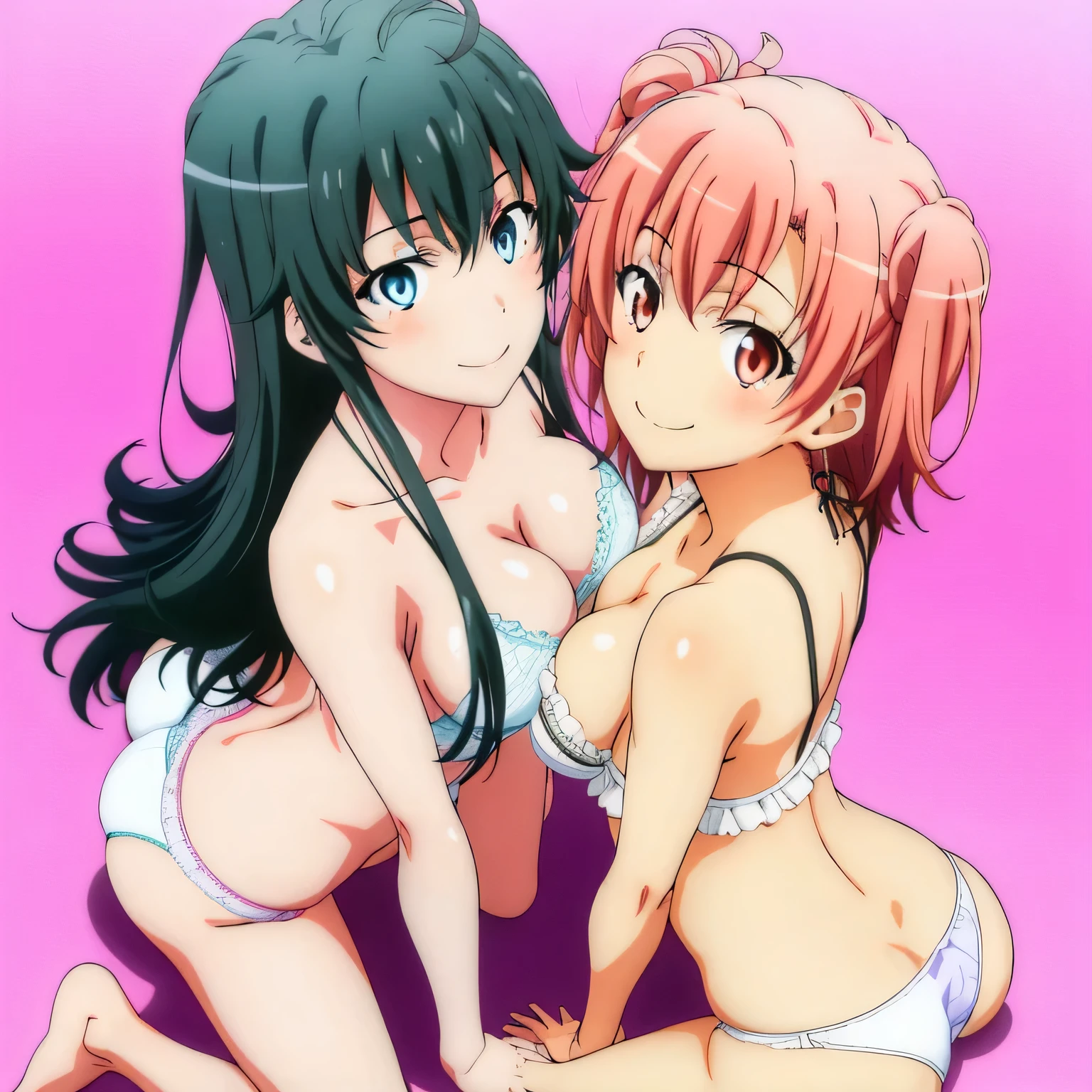 2 girls , Yukinoshita Yukino , yuigahama yui&#39;My breasts and butt feel good..., waltz dance , In underwear,raise your legs,whole body,pink silk panties,white silk panties,thighs,high angle,smile,beautiful eyes,Clear eye color,