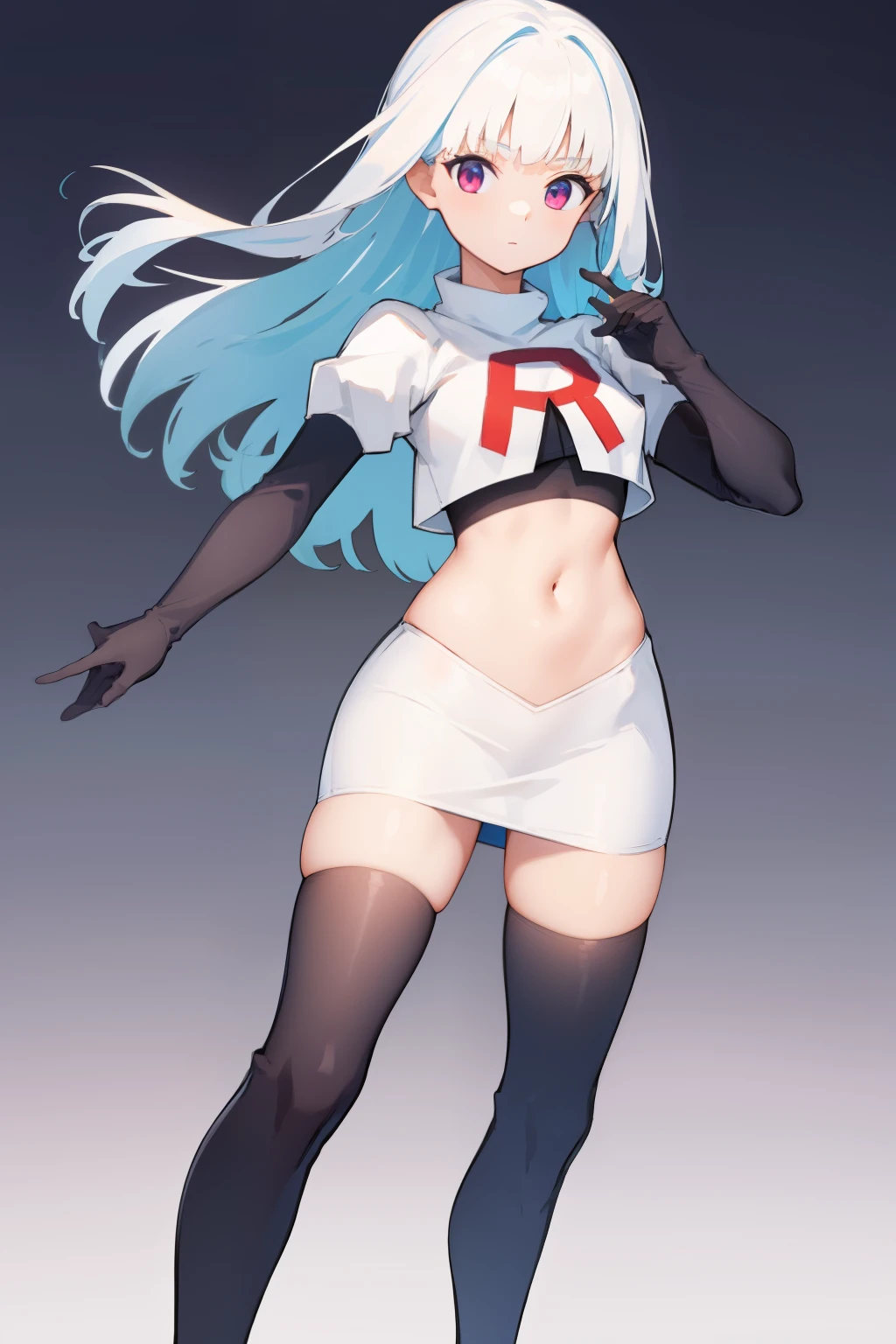 1 young and gorgeous girl, masterpiece, best quality, 8k uhd, ultra high res, simple background, team rocket,team rocket uniform, red letter R, white skirt,white crop top,black thigh-highs,black elbow gloves