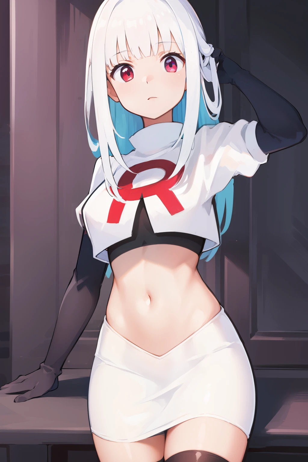1 young and gorgeous girl, masterpiece, best quality, 8k uhd, ultra high res, simple background, team rocket,team rocket uniform, red letter R, white skirt,white crop top,black thigh-highs,black elbow gloves