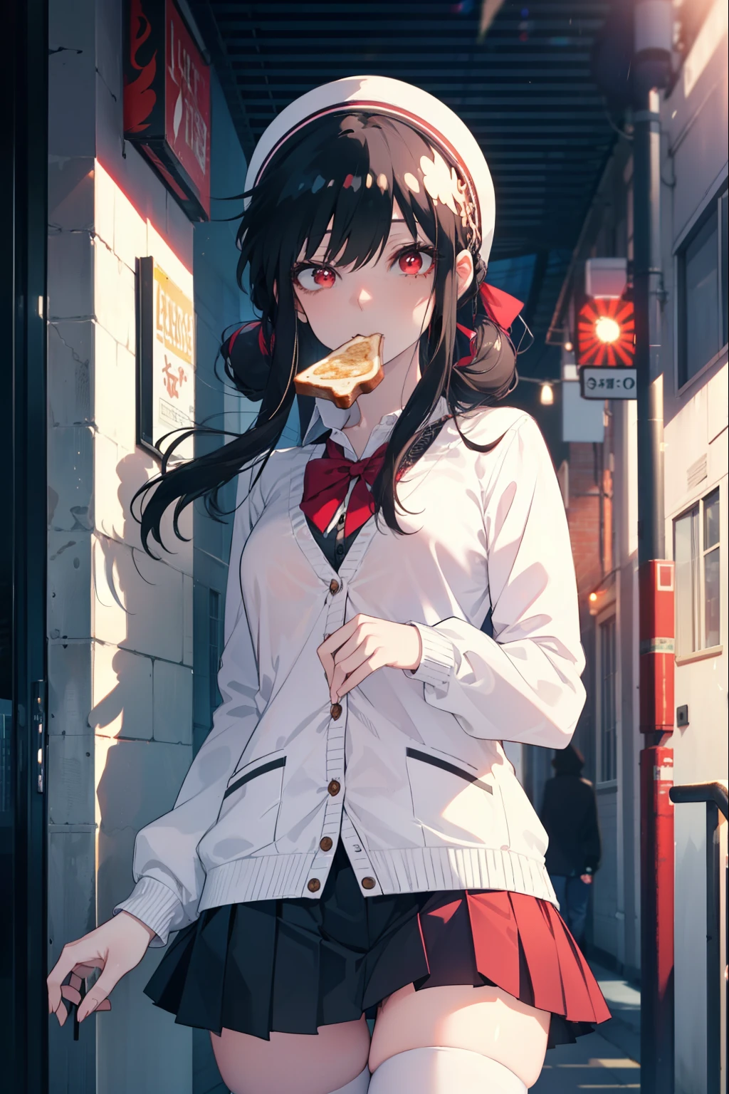 Yorubria Ratata, you missed the thorns, bangs, long hair,black hair,hair band, (red eyes:1.5), toast in your mouth, running, city street,Y-shirt,Pink cardigan,Red Blazer,Red pleated skirt,white stockings、brown loafers,morning日,morning,the sun is rising,
break ourdoors, In town,building street,
break looking at viewer, (cowboy shot:1.5),
break (masterpiece:1.2), highest quality, High resolution, unity 8k wallpaper, (figure:0.8), (detailed and beautiful eyes:1.6), highly detailed face, perfect lighting, Very detailed CG, (perfect hands, perfect ???????),