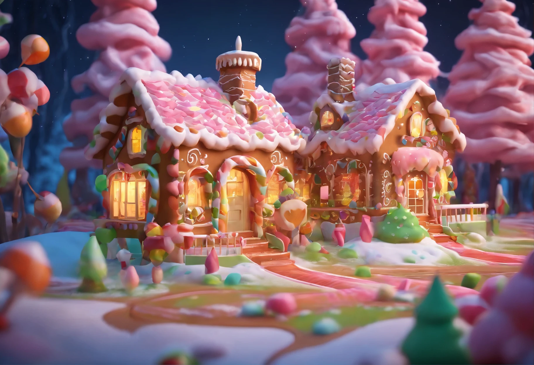 Candy house in the middle of the forest, gingerbread, sweet castle, Candy World, Marshmallow , AI generation