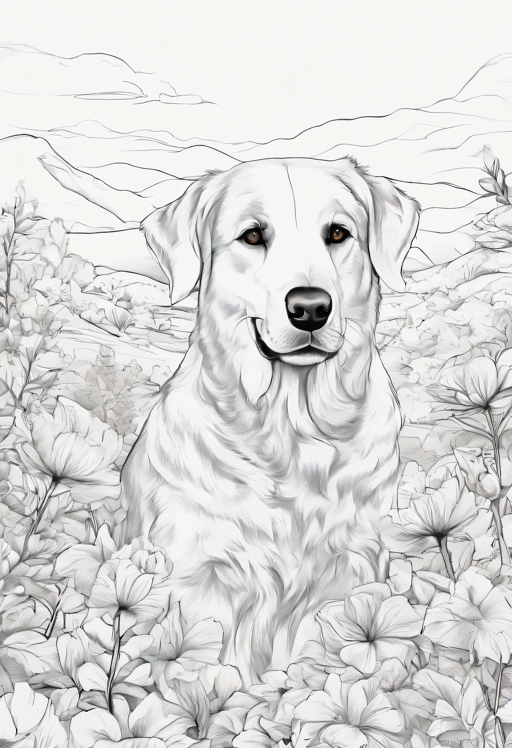 (best quality,4k,8k,highres,masterpiece:1.2),ultra-detailed,(realistic,photorealistic,photo-realistic:1.37),a cute dog,playful eyes and expression,detailed fur,healthy and shiny coat,friendly and wagging tail,running in a blooming flower field,under the warm sunlight,with a happy face and tongue out,sunset colors with a warm and golden tone,natural lighting,low contrast,soft shadows,artistic line art style. Suitable for a colouring book