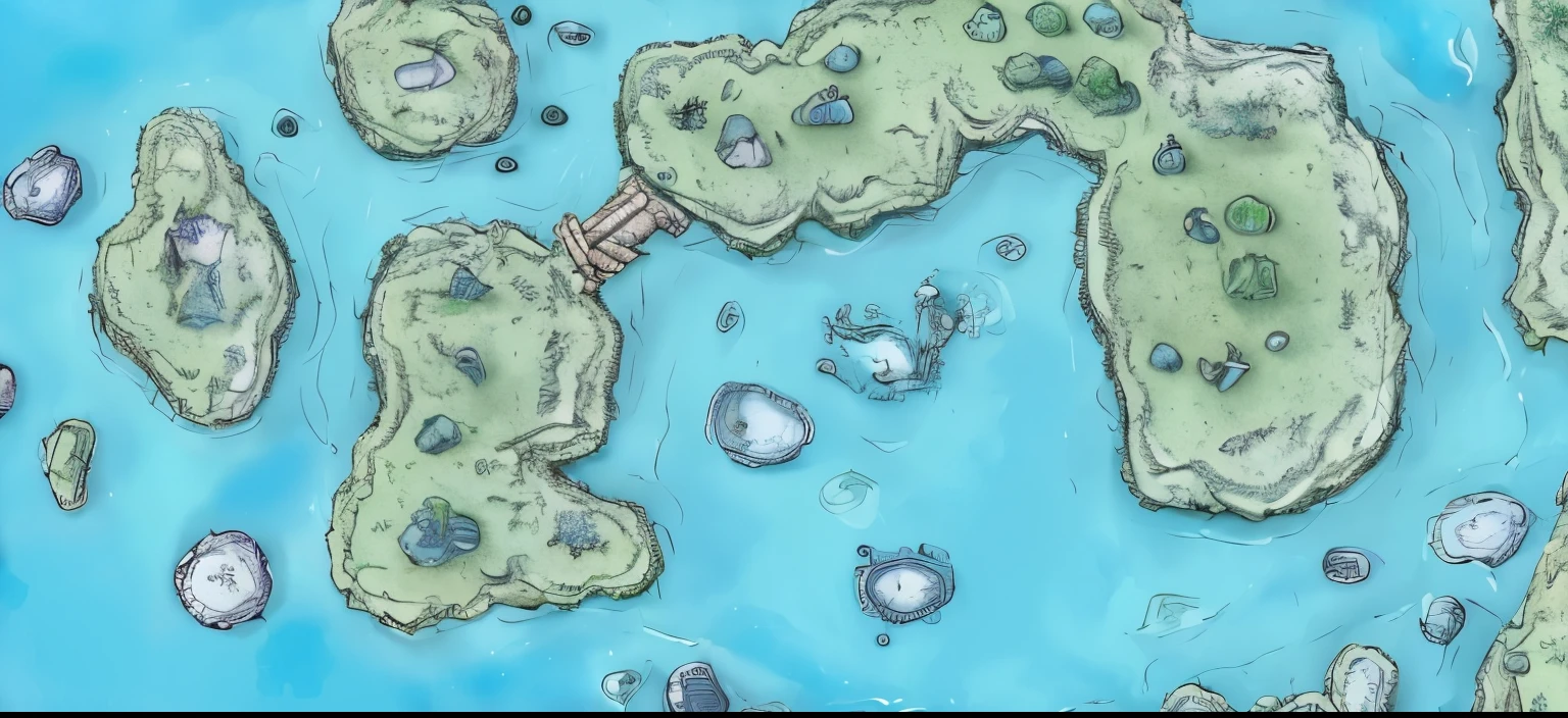 fantasy world map, with multiple interesting locations and strange events, surrounded by water. an icy mountain range in the middle of the continent