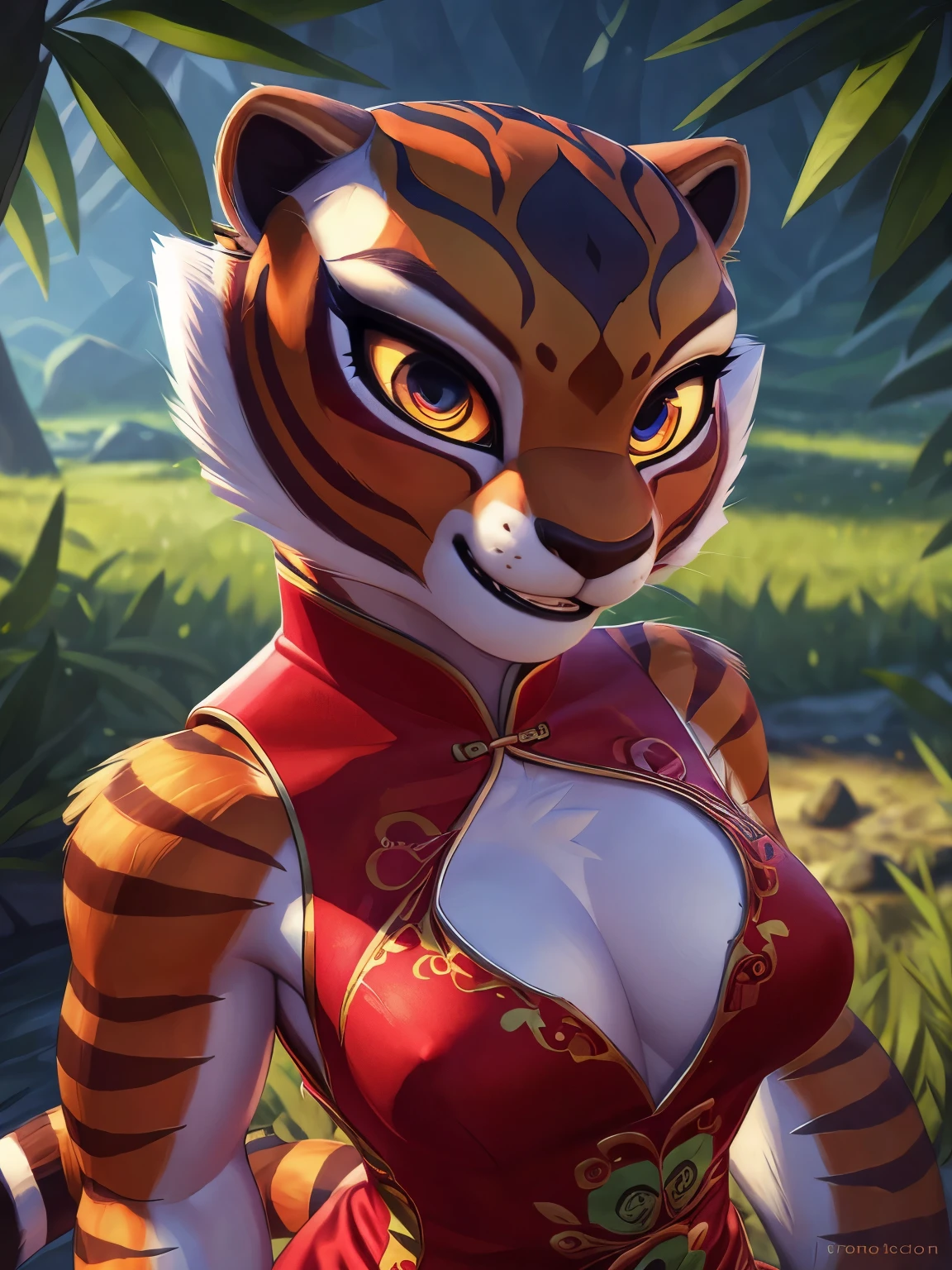 (by pixelsketcher:0.6), (by personalami :0.6), solo, female,master tigress,feline,detailed background, (cinematic lighting:1.1), (perfect focus:1.1), 8k hd, photo, (detailed eyes:1.2),depth of field, bokeh, subsurface scattering, perfect breasts, wide ,(chinese clothing), bright colors, (furry detail),detailed background, green field, green landscape,realistic, photorealistic, ultra realistic,realistic, photorealistic,smile,(fur),(realistic furry:1.1),(short tail), (extreme furry detail:1.2),((beautiful eyes, pixar style eyes,macmegagerc style eyes,yellow eyes))