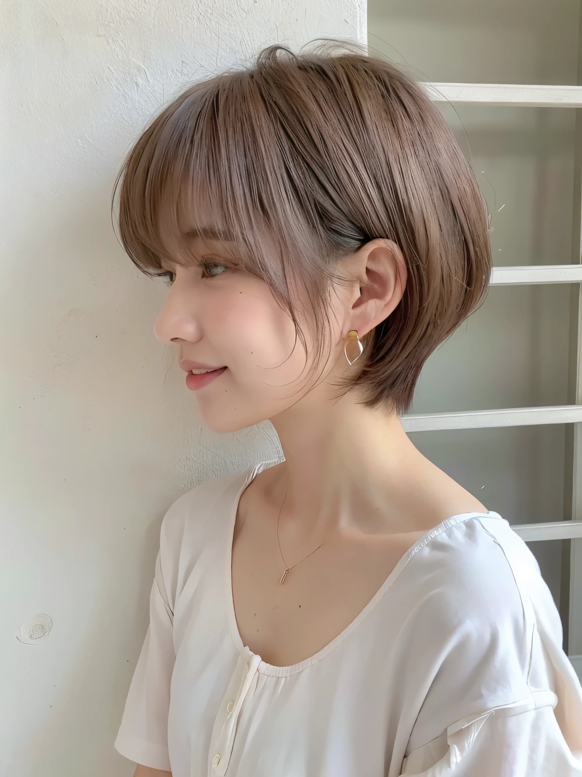 white wall、Taken in front of the white door、(8K、Raw photo、highest quality、masterpiece:1.2)、High-definition RAW color photo、professional photos、(realistic、フォトrealistic:1.37)、Photographed in natural light、1 girl、laughter、various poses、spring clothes、 necklace、(Beautiful profile:1.3)、Don&#39;don&#39;t look at the camera、profile、shortcut、((gray hair color))、short hair、Photographed in natural light、earrings、pastel colored blouse、normal human face、Normal eyes、dark brown eyes