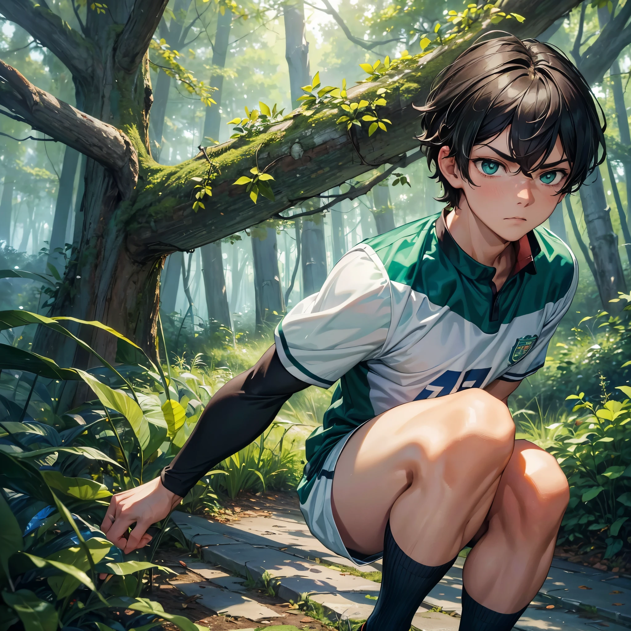 (best quality,4k,8k,highres,masterpiece:1.2), ultra-detailed, 1boy, masculino, soccer uniform, green eyes, inside the forest, furious face, forest
