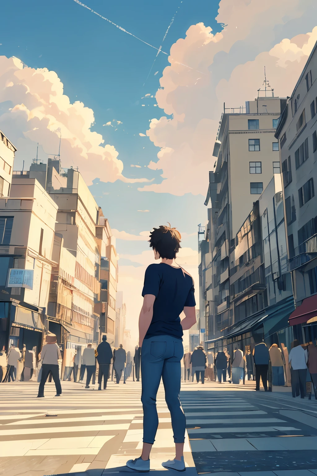 A person deeply engrossed in thought, surrounded by a bustling crowd, oblivious to the world around, with furrowed brows and a serious expression, wearing casual attire, perhaps a simple t-shirt and jeans, standing alone, highest quality illustration, set against the backdrop of a vibrant cityscape, where the sun casts a warm glow on the scene, the sky dotted with a variety of fluffy clouds, the sense of solitude and introspection palpable. Masterpiece, top-quality illustration, intricate details, perfect shading, a moment of quiet reflection in the midst of a bustling world.