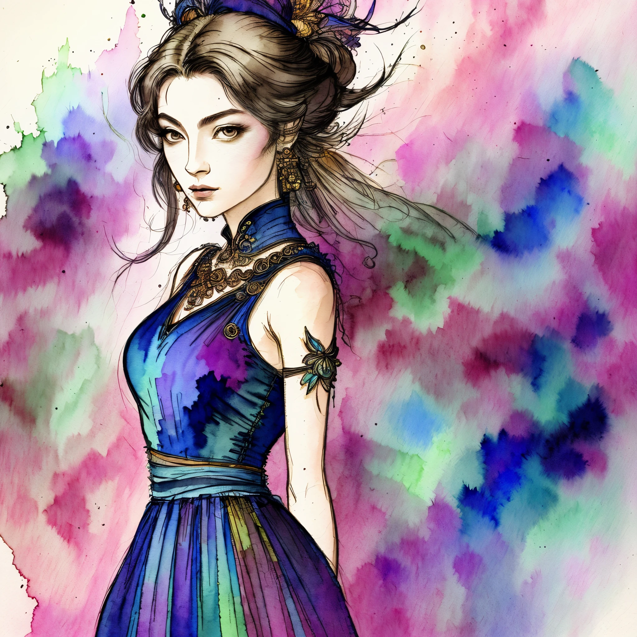 Girl in a thin fabric dress、10 talents、solo、 luxury
 Yoshitaka Amano, Fantasia,SF, the complex background(full bodyesbian), (dynamicposes)
Pencil and watercolor、Muted colors
wallpaper, abstracted, detaileds, ​masterpiece, top-quality, art  stations