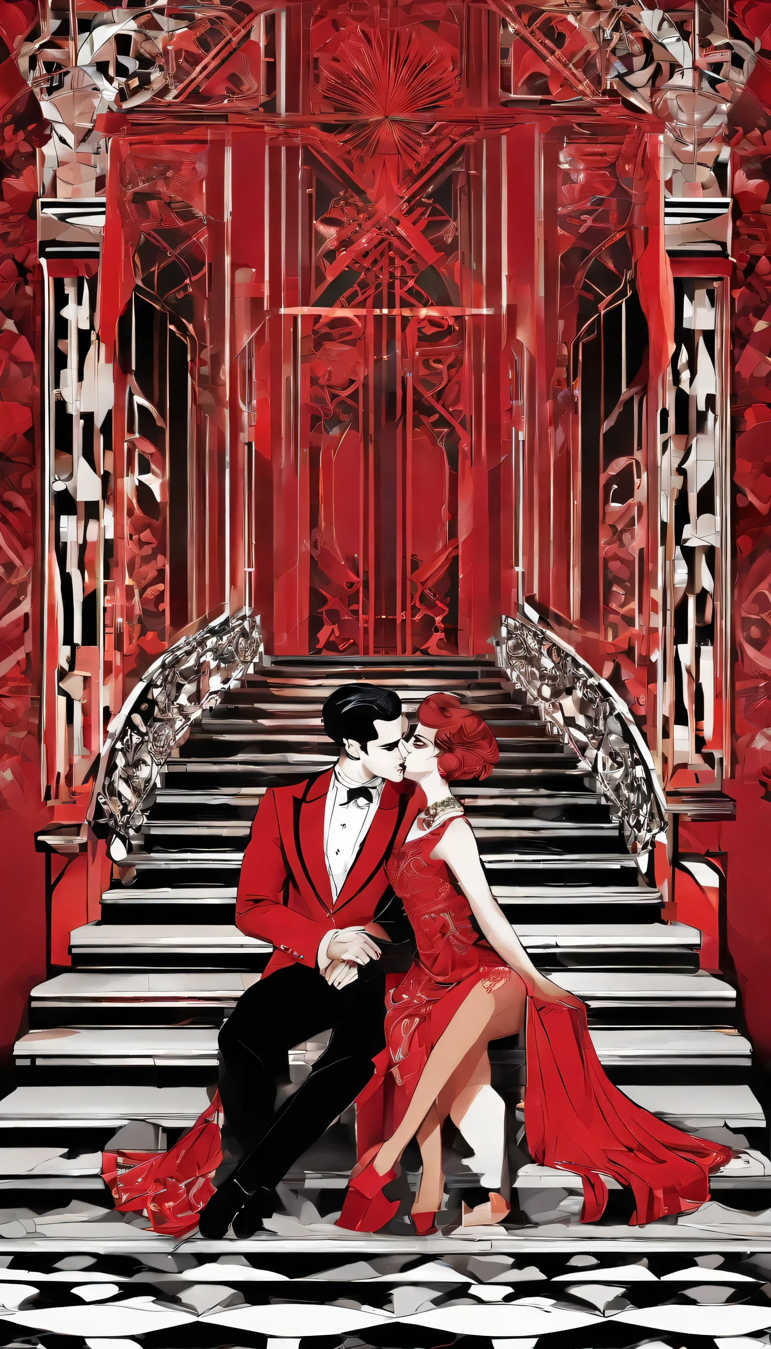 a man and woman sitting on a stone staircase in a red dress, black and red silk clothing, wearing red formal attire, an elegant couple, elegant red dress, high - end fashion photoshoot, stunning elegant pose, by Emma Andijewska, black and red tuxedo, red and black, in a red dress, in red and black, handsome and elegant