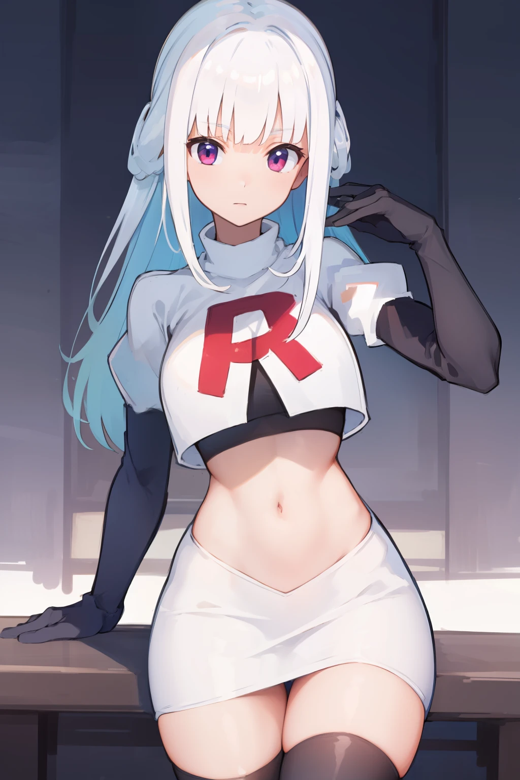 1 young and gorgeous girl, masterpiece, best quality, 8k uhd, ultra high res, simple background, team rocket,team rocket uniform, red letter R, white skirt,white crop top,black thigh-highs,black elbow gloves