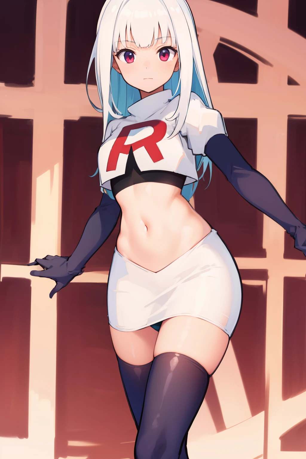 1 young and gorgeous girl, masterpiece, best quality, 8k uhd, ultra high res, simple background, team rocket,team rocket uniform, red letter R, white skirt,white crop top,black thigh-highs,black elbow gloves
