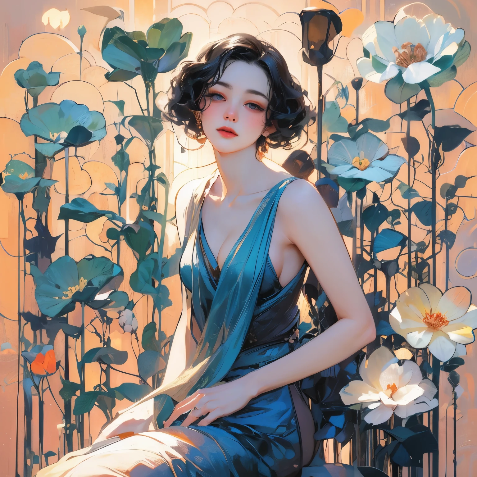 arafed image of a woman in a blue dress sitting in a field of red flowers, mucha klimt and tom bagshaw, tom bagshaw style, by tom bagshaw, by Tom Bagshaw, tom bagshaw artstyle, art tom bagshaw, style of tom bagshaw, tom bagshaw ) ) ), artstyle tom bagshaw, by Audrey Kawasaki
