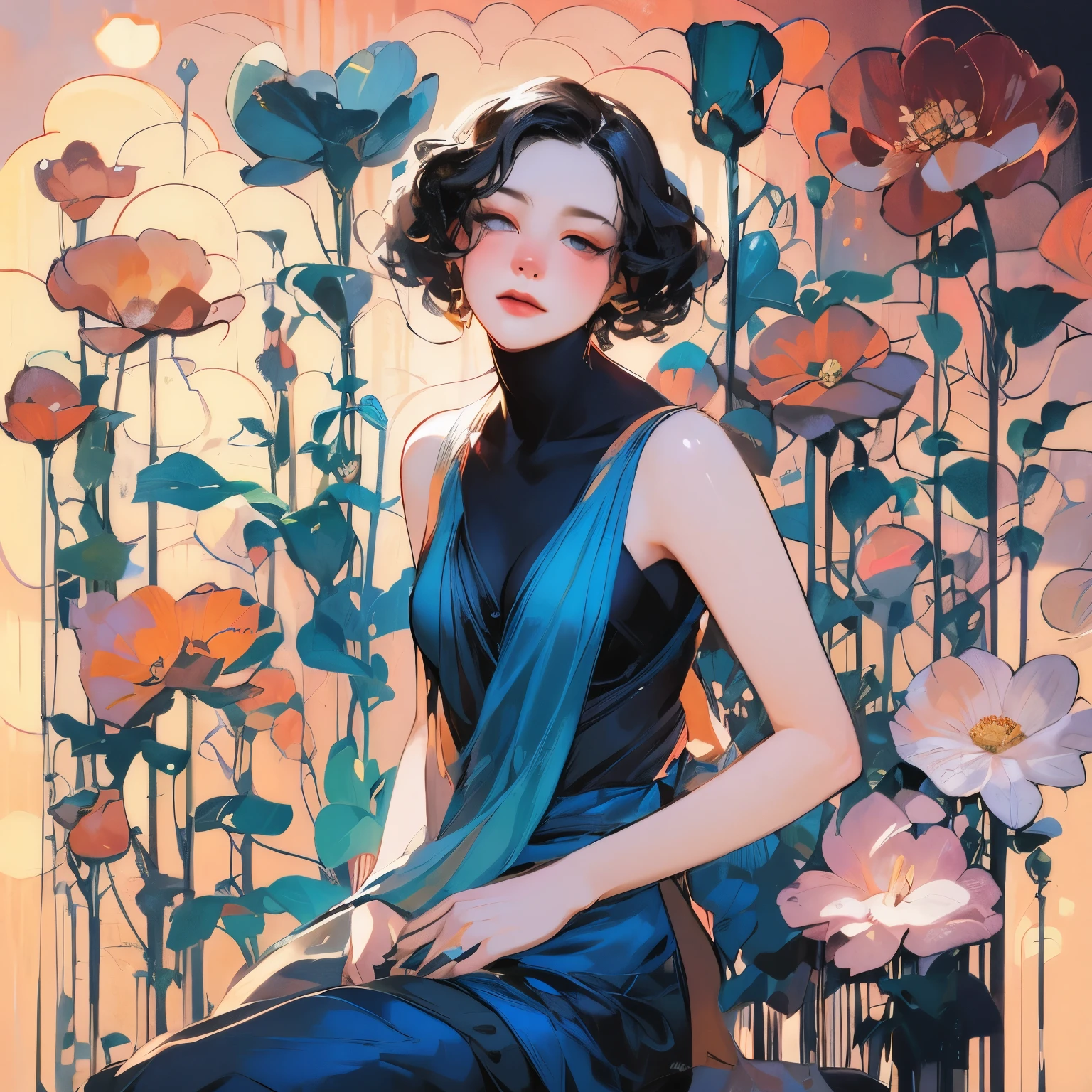 arafed image of a woman in a blue dress sitting in a field of red flowers, mucha klimt and tom bagshaw, tom bagshaw style, by tom bagshaw, by Tom Bagshaw, tom bagshaw artstyle, art tom bagshaw, style of tom bagshaw, tom bagshaw ) ) ), artstyle tom bagshaw, by Audrey Kawasaki