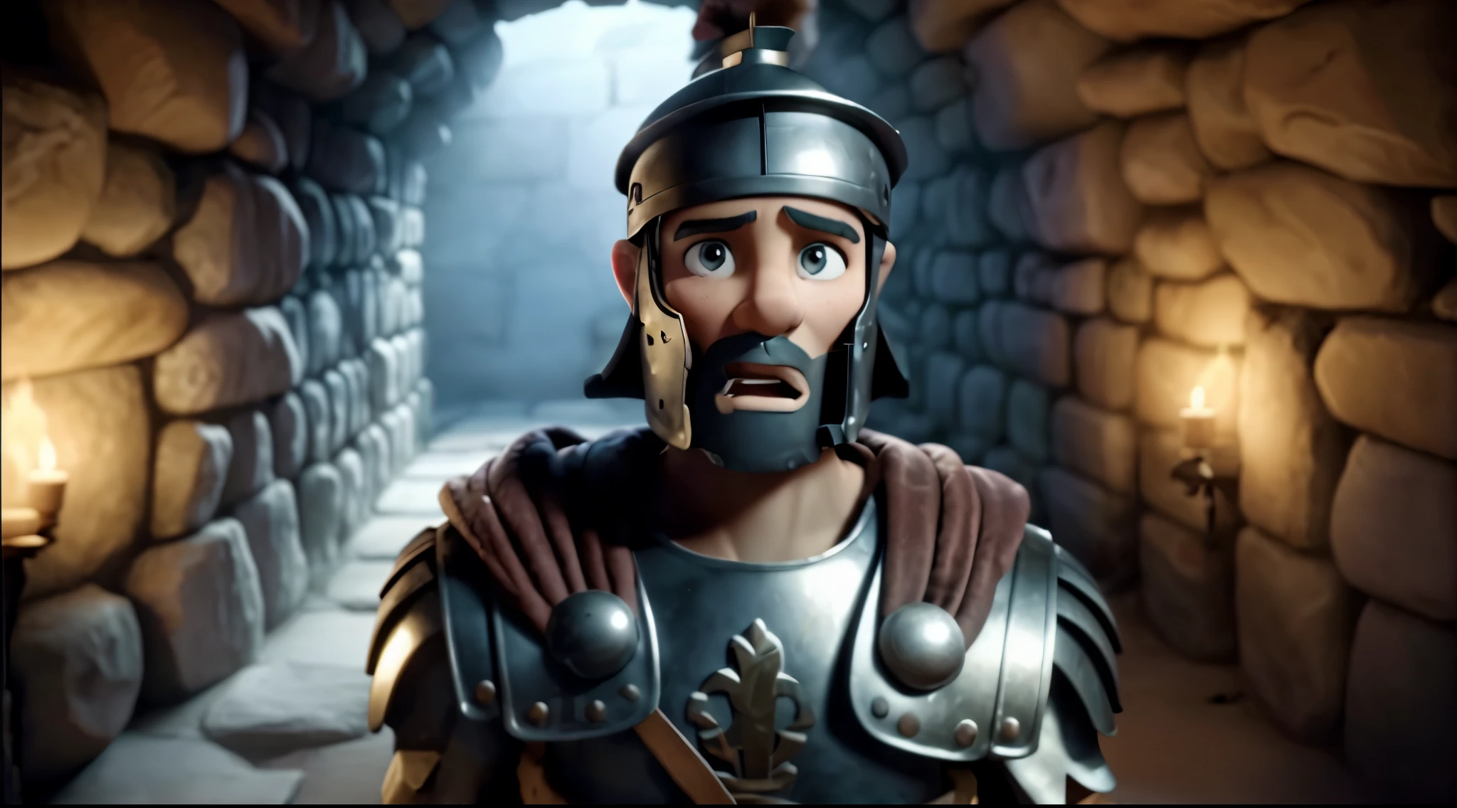 A cartoon Roman soldier stands in a stone corridor, looking surprised. He wears armor and a helmet, and there are torches on both sides of the corridor. The walls of the corridor are made of stone, and the floor is covered in dirt.