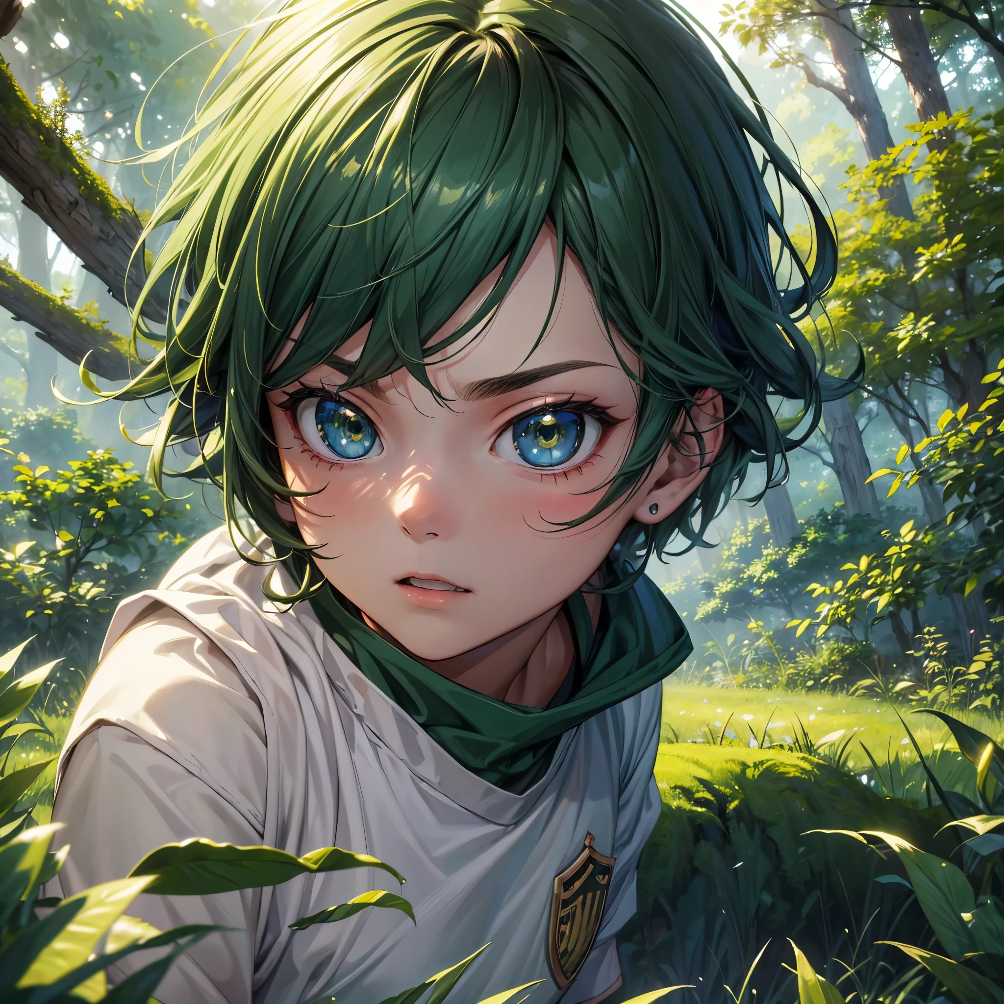 (best quality,4k,8k,highres,masterpiece:1.2), ultra-detailed, 1boy, masculino, soccer uniform, green eyes, inside the forest, furious face, forest