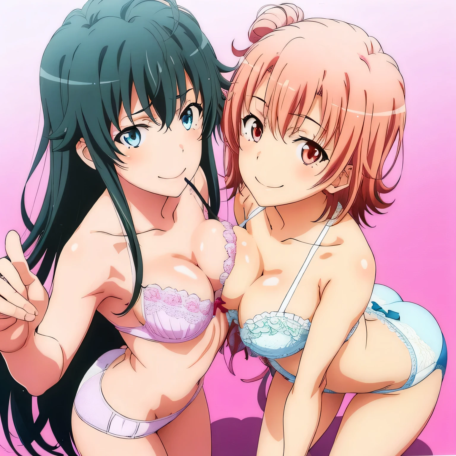 2 girls , Yukinoshita Yukino , yuigahama yui&#39;My breasts and butt feel good..., waltz dance , In underwear,Front、Toward,raise your legs,whole body,pink silk panties,white silk panties,thighs,high angle,open your mouth,smile,beautiful eyes,Clear eye color,