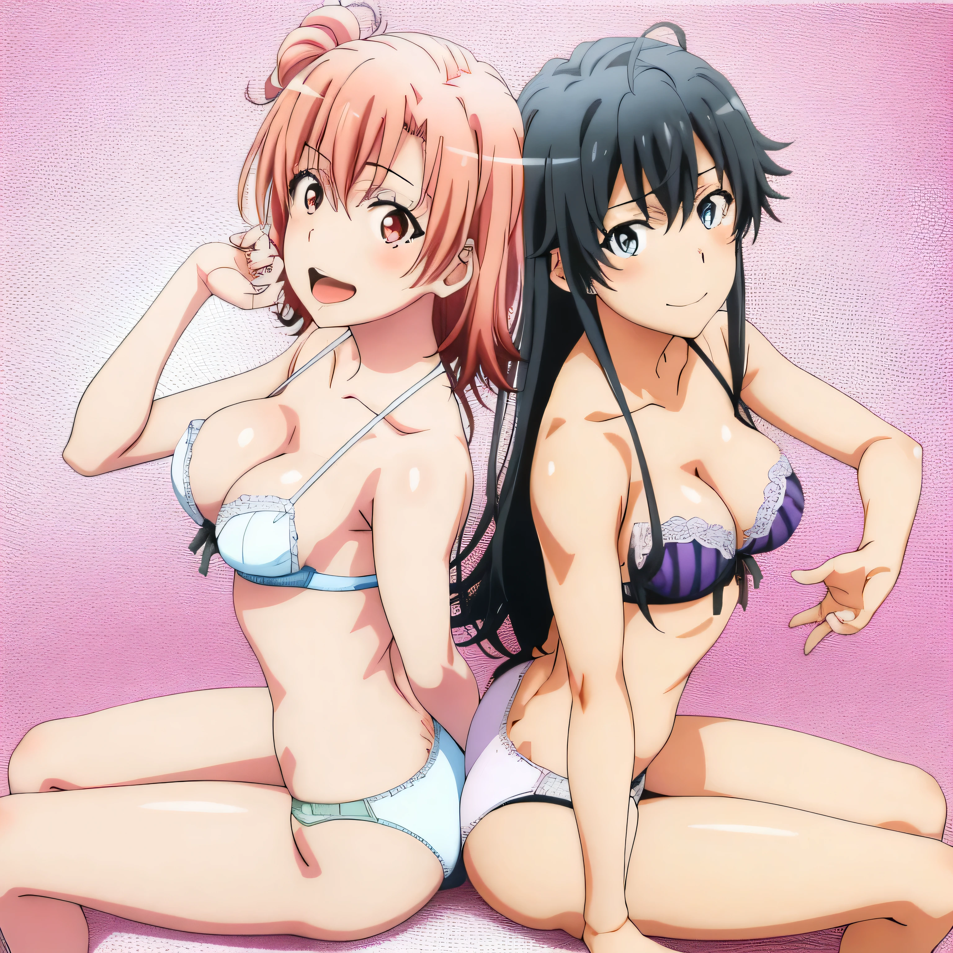 2 girls , Yukinoshita Yukino , yuigahama yui'My breasts and butt feel good..., waltz dance , In underwear,Front、Toward,raise your legs,whole body,pink silk panties,white silk panties,thighs,high angle,open your mouth,smile,beautiful eyes,Clear eye color,