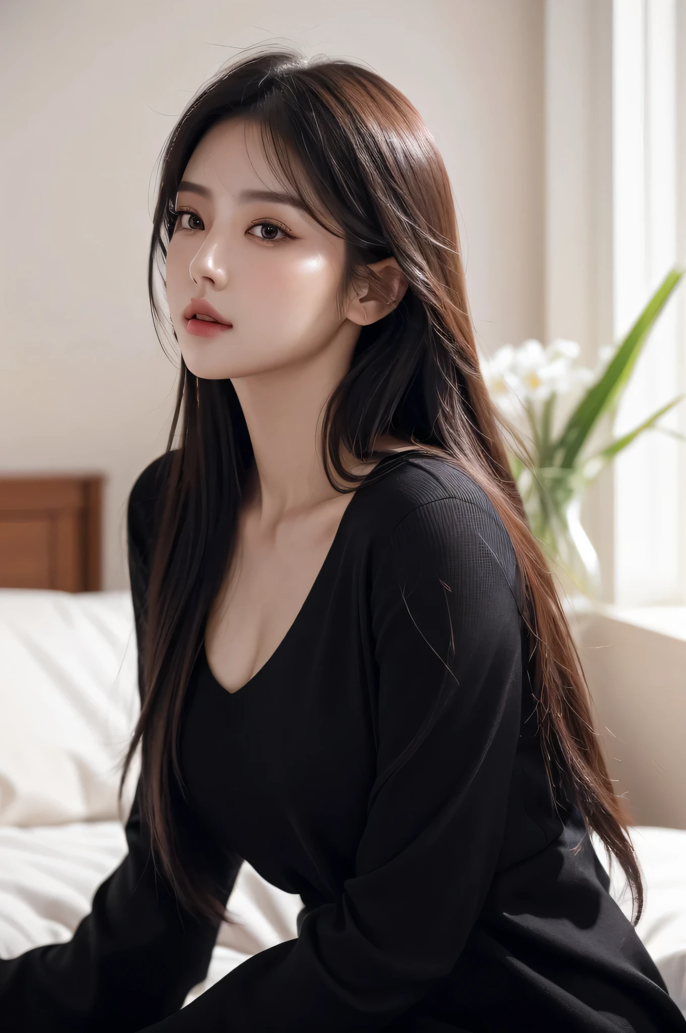 masterpiece, RAW photos, best quality, realistic, Highly detailed CG Unity 8k wallpaper, (an exceptionally beautiful face, beautiful lips, beautiful eyes), A face with intricate details, ((highly detailed skin)), ultra high resolution,korean beauty, , Woman sitting on bed wearing black top, 