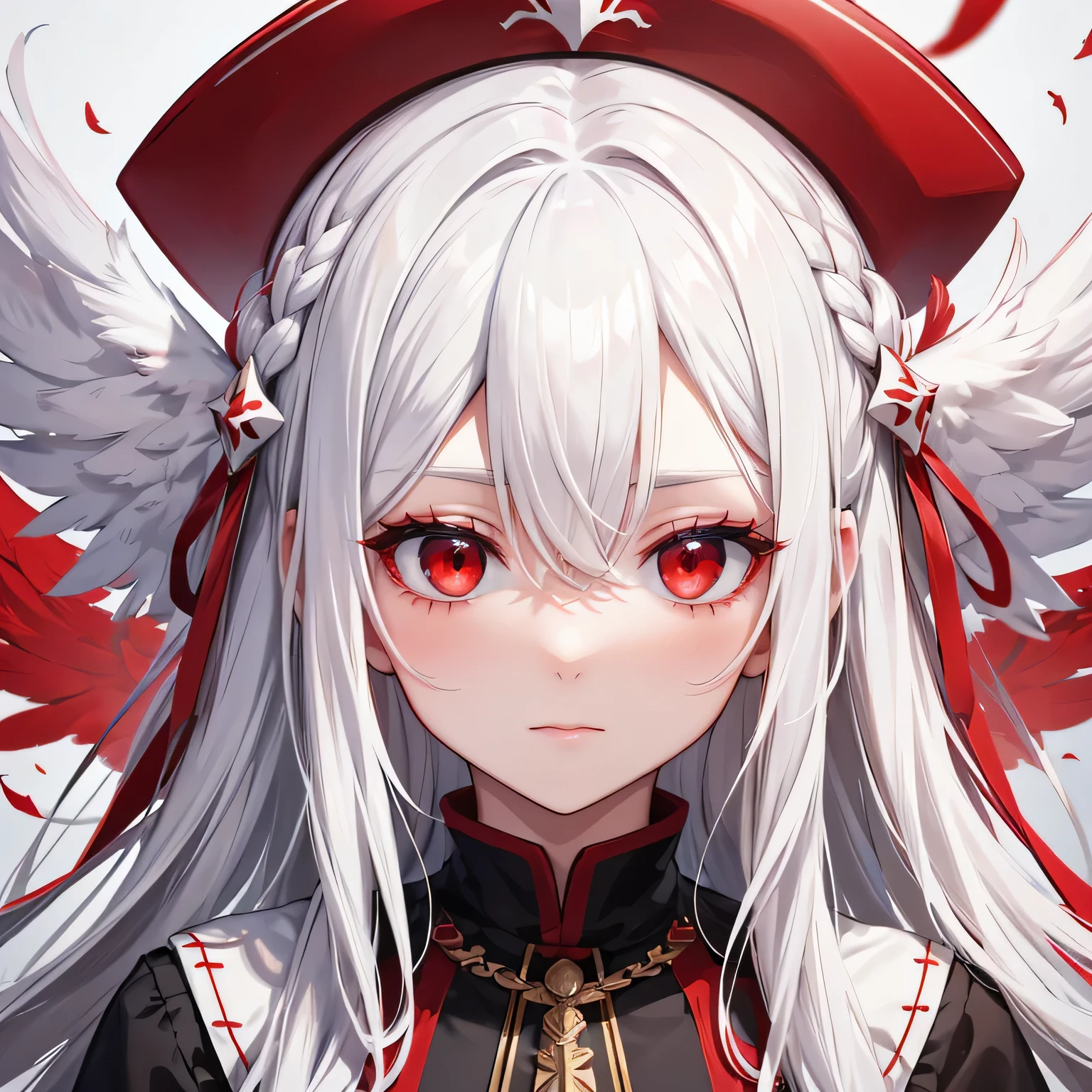 , , white hair, long hair, red stripes in hair, white and red feathers atop head, 4k, high quality, portrait, black dress, red eyes