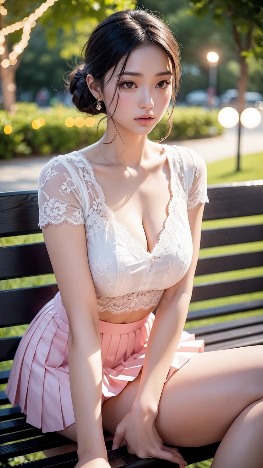 ((upper body)), Shot from a random perspective, 20-year-old Asian model, slim, Slimming the waist, Heavy makeup, Gorgeous makeup, delicated face, cabellos largos dorados, curlies, Pink lace shirt, White pleated skirt, slender leg, Cross ed leg, In the park, Sit Pose, sitting on a bench, simple backgound, warm lights, a warm color palette, Dynamic pose, posing elegantly, tmasterpiece