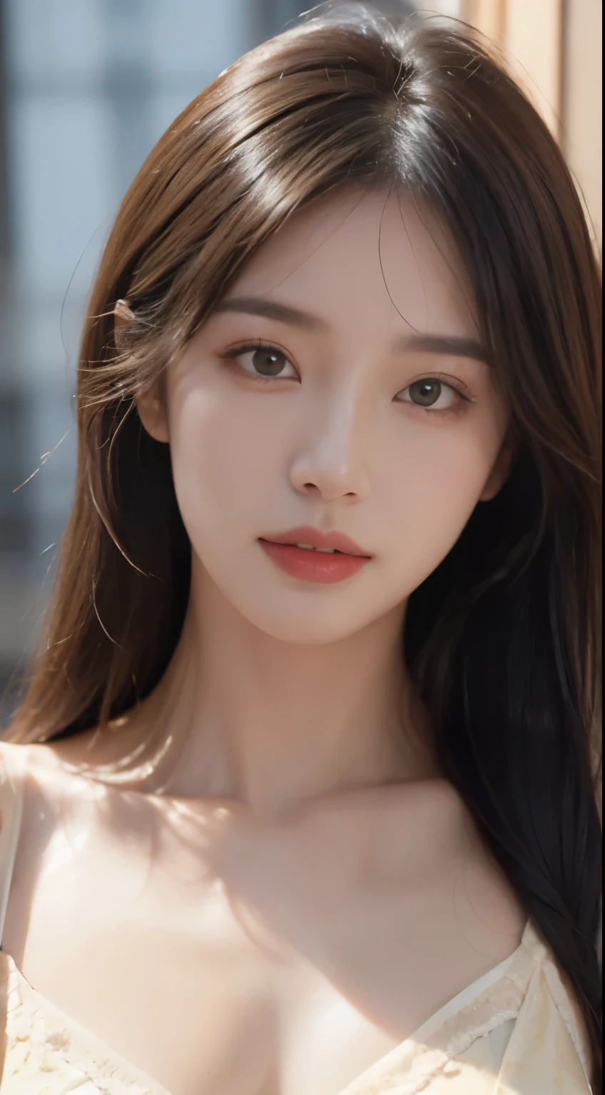 ((Realistic lighting, best quality, 8K, masterpiece:1.3)), sharp focus:1.2, 1 girl, ((sexy pose)),(shining face,perfect face,A face full of purity,masterpiece),(Beautiful woman with perfect body:1.4), slim abs:1.1, ((Dark brown hair)), (External,night:1.1),indoor,Super face slimming,narrow eyes,double eyelids,split,(Camerpillar top:1.4)