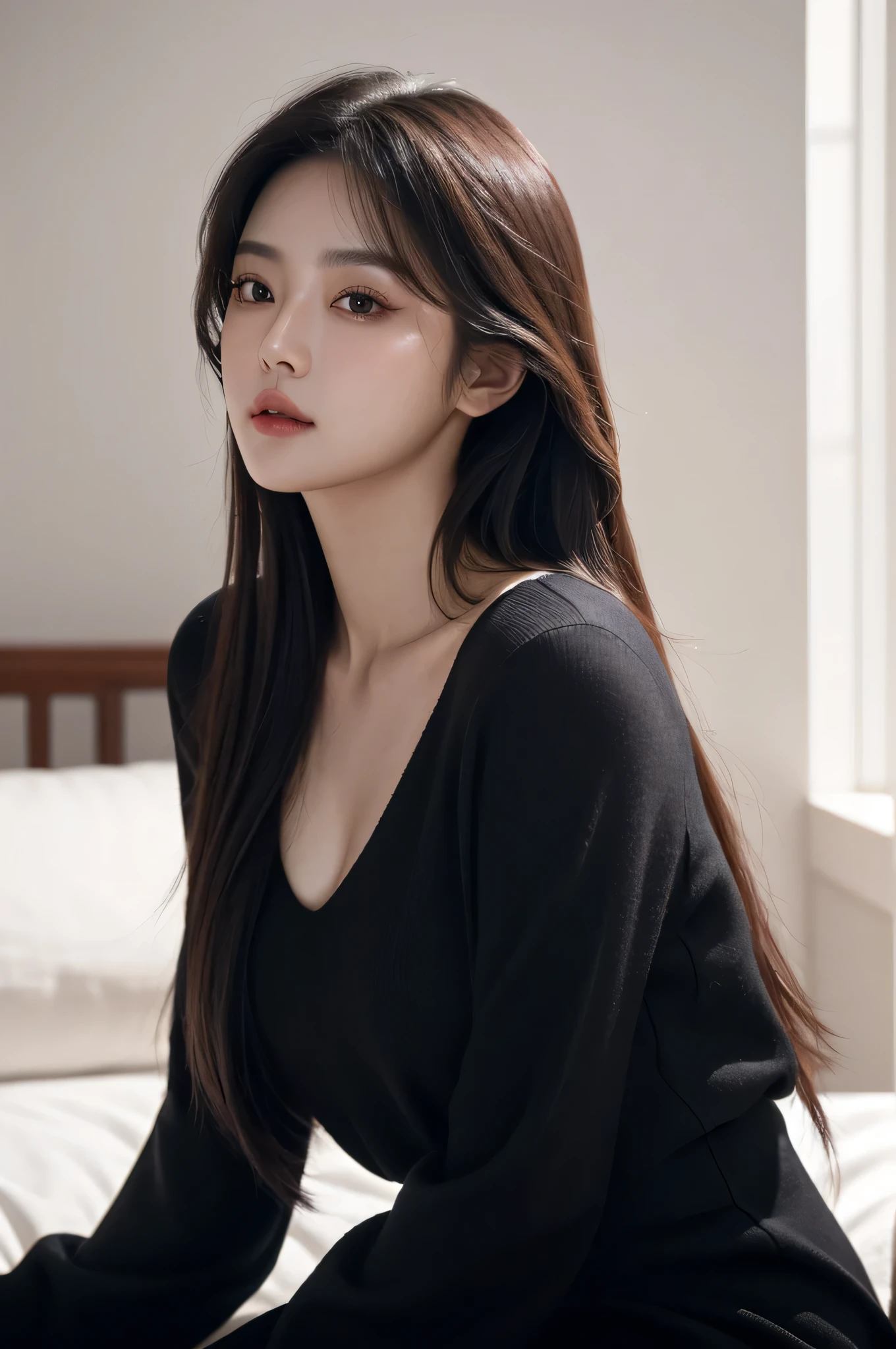 masterpiece, RAW photos, best quality, realistic, Highly detailed CG Unity 8k wallpaper, (an exceptionally beautiful face, beautiful lips, beautiful eyes), A face with intricate details, ((highly detailed skin)), ultra high resolution,korean beauty, , Woman sitting on bed wearing black top, 