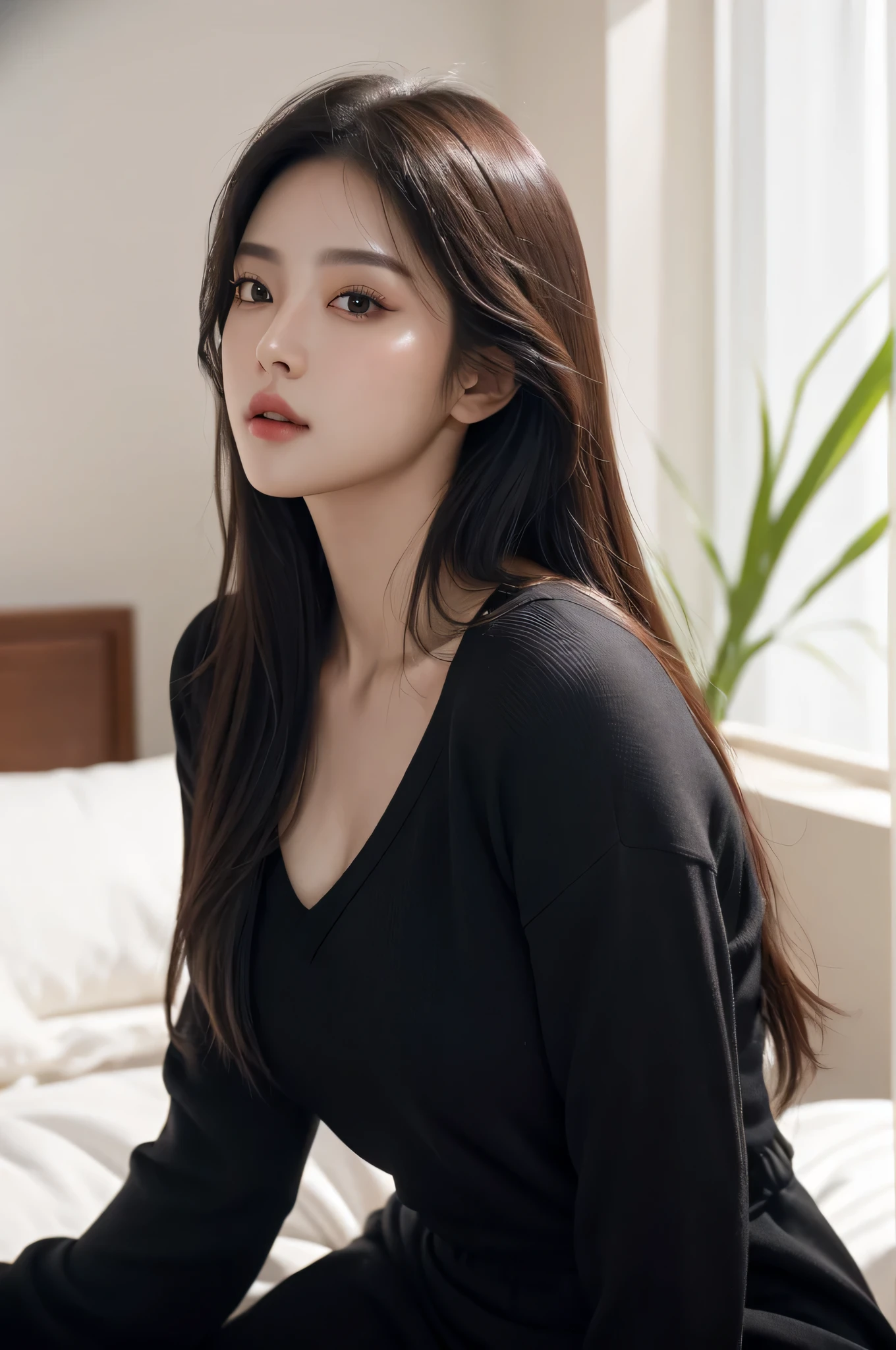 masterpiece, RAW photos, best quality, realistic, Highly detailed CG Unity 8k wallpaper, (an exceptionally beautiful face, beautiful lips, beautiful eyes), A face with intricate details, ((highly detailed skin)), ultra high resolution,korean beauty, , Woman sitting on bed wearing black top, different behavior, plant pot on background,