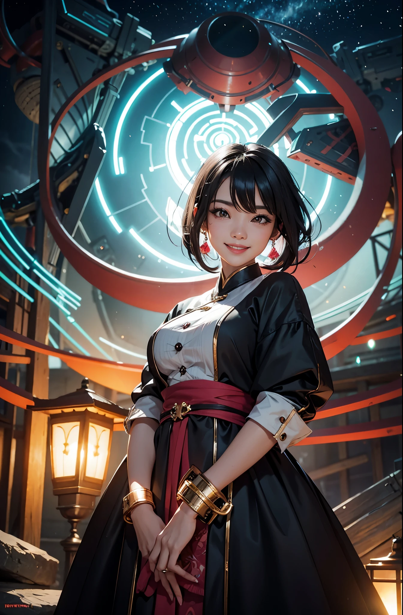 Swirl lighting storms, nice wicked smile, Asian woman, dark black hair with pink highlights