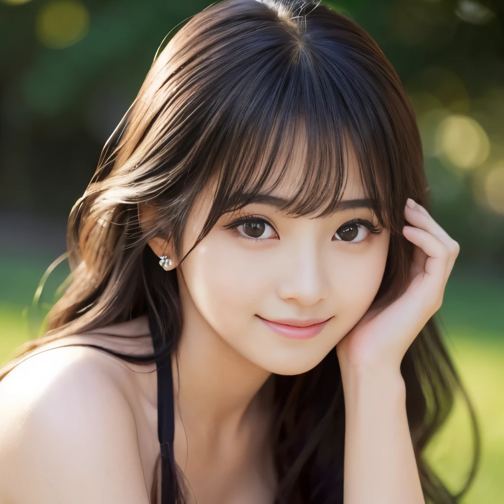Best-quality, Masterpiece, Ultra-High-Resolution, (Photorealistic:1.4), Raw-Photo, 1girl, the most famous Japanese idol, extremely cute face, extremely beautiful big-black-eyes, extremely beautiful hair, extremely beautiful skins, extremely beautiful long-eyelashes, extremely beautiful lips, extremely beautiful abundant-cleavage, looking at viewer, innocent-smile
