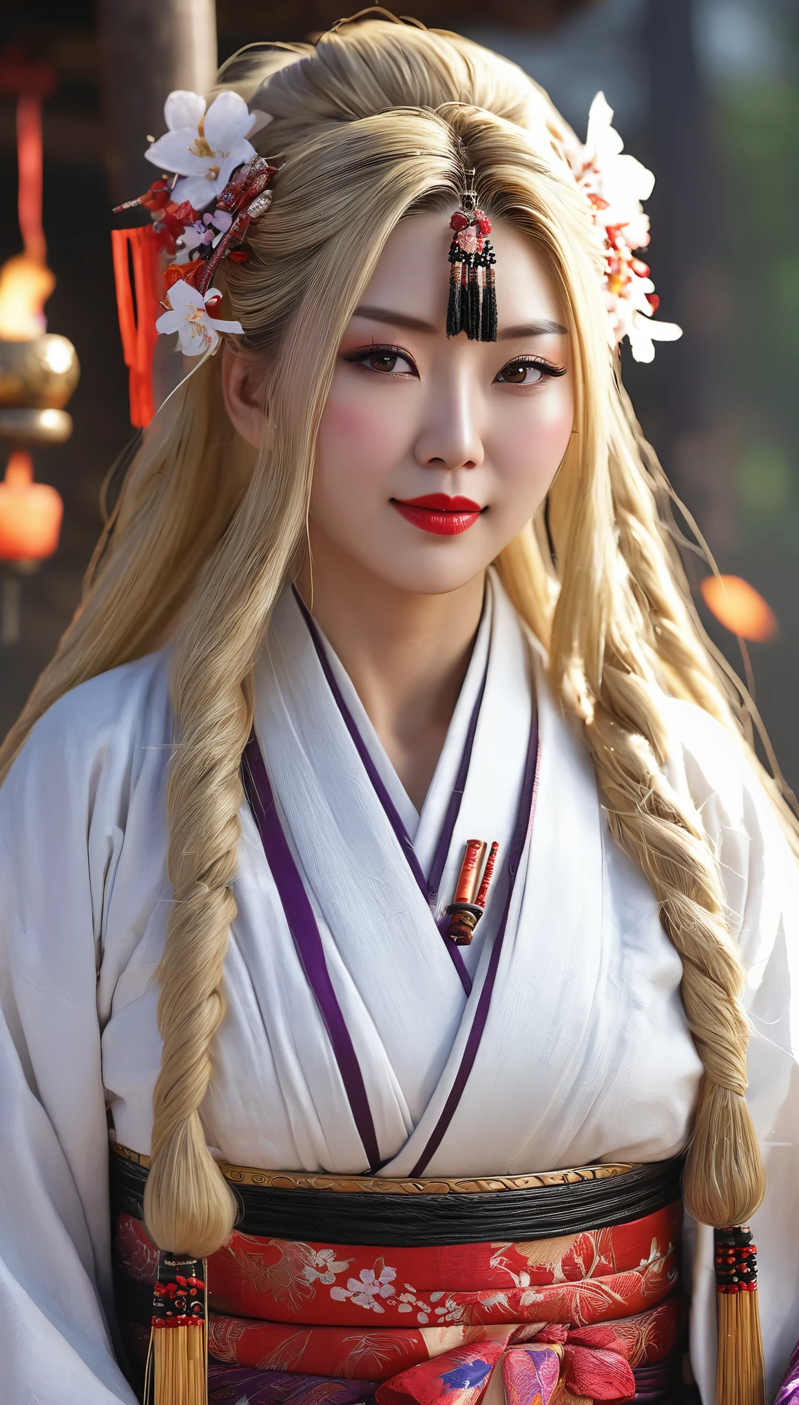 (((hyper real)))、ancient shrine maiden、female shaman、Beautiful woman High level image quality High resolution realistic blonde、mature woman、middle-aged women、((big big tits)) 、Fine skin texture、超A high resolution、realistic、plump body shape、laughter、中年Beautiful woman、beautiful expression 、Detailed purple eyes、blonde、fluffy long hair、非常に繊細でFine skin texture、35female shaman、{(ancient ornate and luxurious temple)、(many torches are burning)}、ancient shrine maiden、big cleavage、big ass、bright red lips、(((luxurious costumes and luxurious accessories)))、I have a fancy platinum cane、