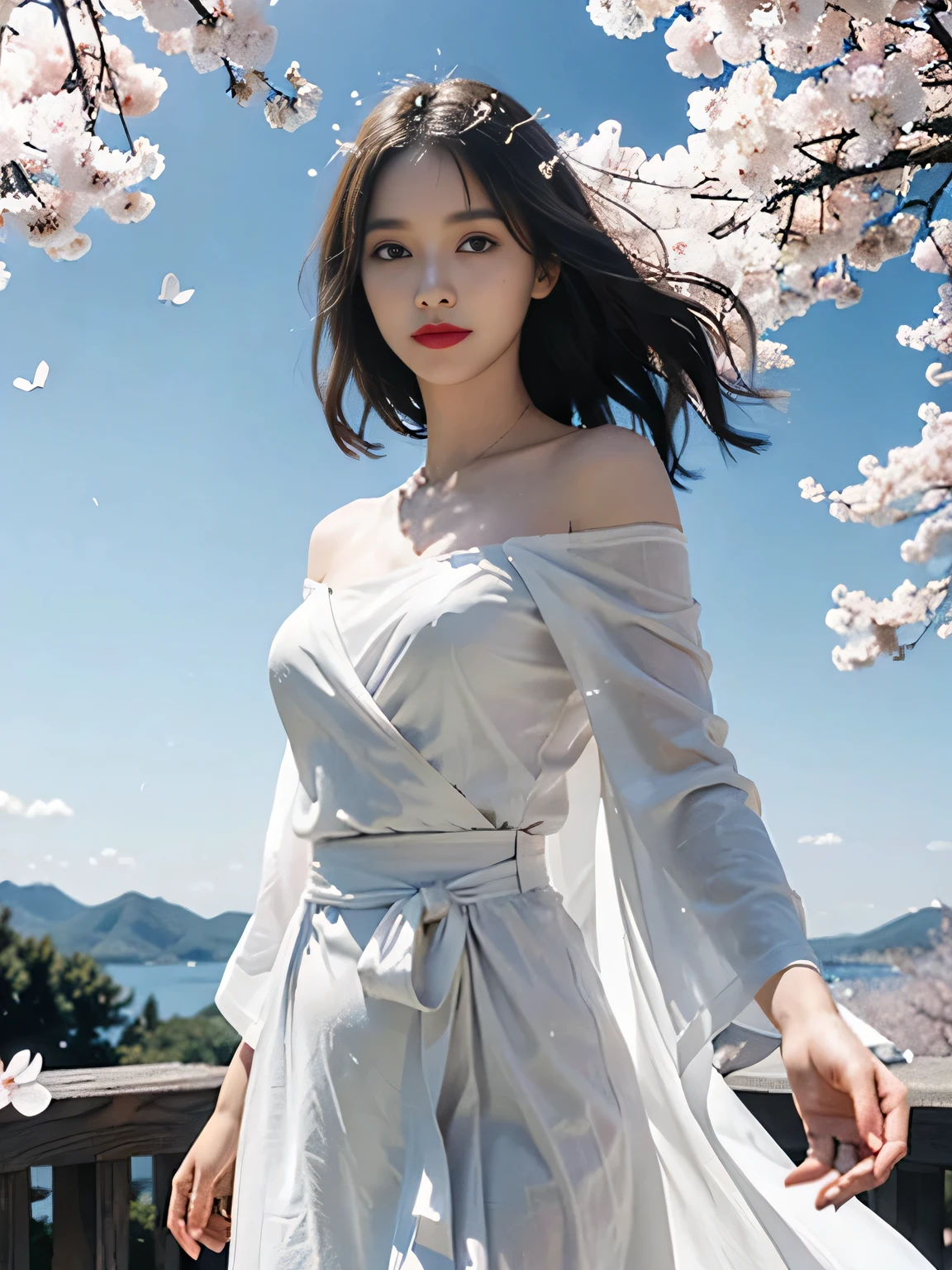 (RAW Photo, Best Quality), (Realistic, Photo Realistic: 1.3), Masterpiece, Very Detailed, CG, Unity, 2k wallpaper, Amazing, fine details, light smile, extremely detailed CG unity8k wallpaper, huge file size, super detailed, high resolution, absurd, soft light, 1 girl, (about 18), ethereal beauty, porcelain-like skin, delicate appearance, golden eyes, small mouth, (Red lips: 1.3), (light smile: 1.3), (teardrops: 0.7), flowing hair, (hairpins: 0.7), (white robe: 1.2), (blue belt: 0.8), (sleeveless: 0.9), (off-the-shoulder: 1.2), (barefoot: 1.1), (floating in the air: 1.3), (glowing aura: 1.4), (suspended petals: 1.2), (butterfly: 1.1), mountains, (fog: 0.9), (waterfall: 0.8), (cherry blossom trees: 1.3), (Asuka: 0.7), (dramatic lighting: 1.2), (film composition: 1.3), (dreams: 1.3) , (Ethereal Music: 1.4) [(White Background: 1.5),::5] Hexagon, 1 Girl, Medium Scene, Full Body, (Scary Atmosphere), Tyndall Effect, (Balance and Coordination Between Everything), Absurdity, Blue Flame, Plasma, Particle Effects, Crystal Clear Texture, Star_\(Sky\), Space, Starry Sky_Sky, Blue_Eyes, Galaxy, Solo, Short Hair, Earth_\(Planet\), Lighting, Light, Dynamic Angle, Depth of Field, Light and Shadow, True light and shadow, diffuse