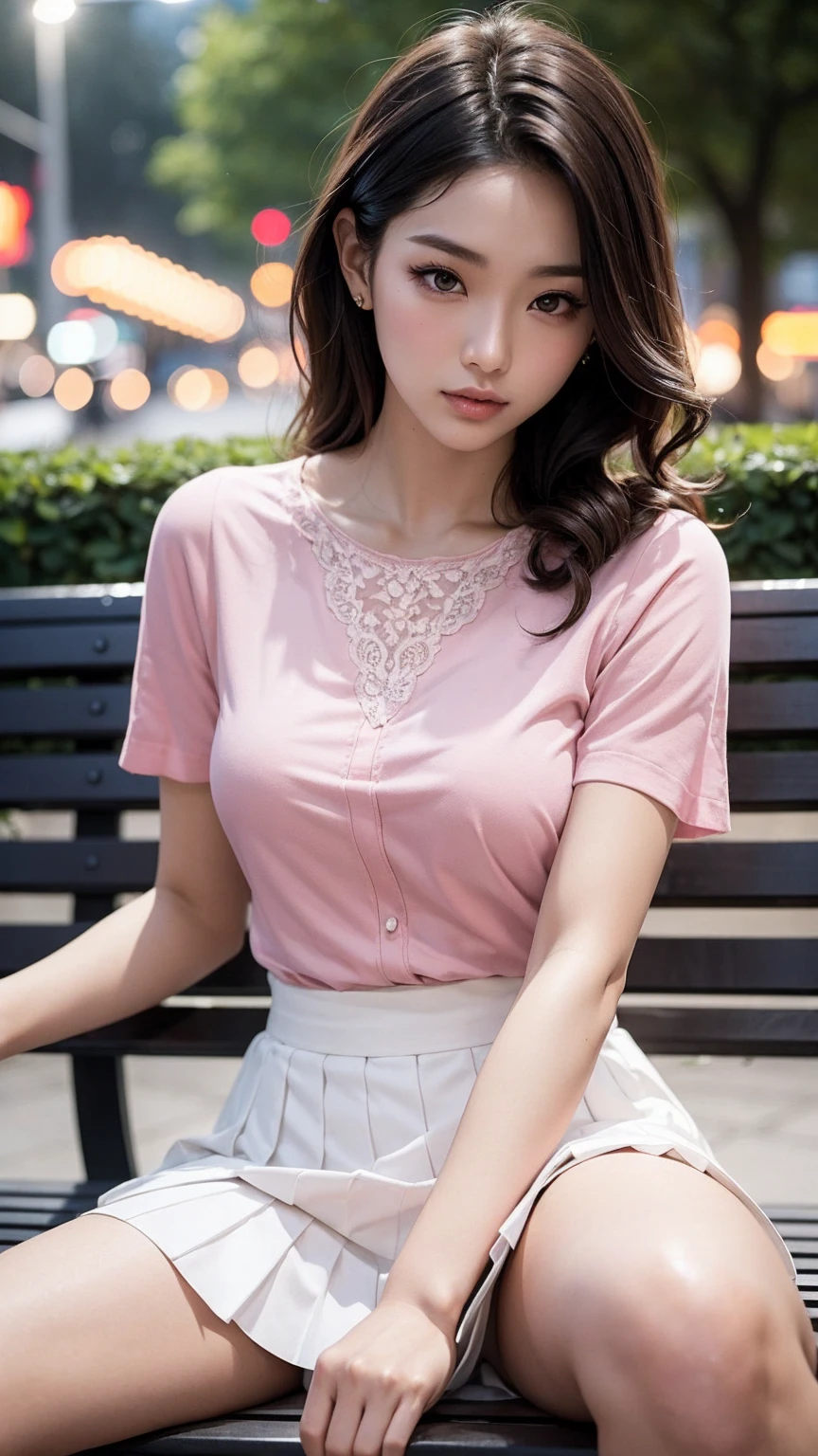 ((upper body)), Shot from a random perspective, 20-year-old Asian model, slim, Slimming the waist, Heavy makeup, Gorgeous makeup, delicated face, cabellos largos dorados, curlies, Pink lace shirt, White pleated skirt, slender leg, Cross ed leg, In the park, Sit Pose, sitting on a bench, simple backgound, warm lights, a warm color palette, Dynamic pose, posing elegantly, tmasterpiece