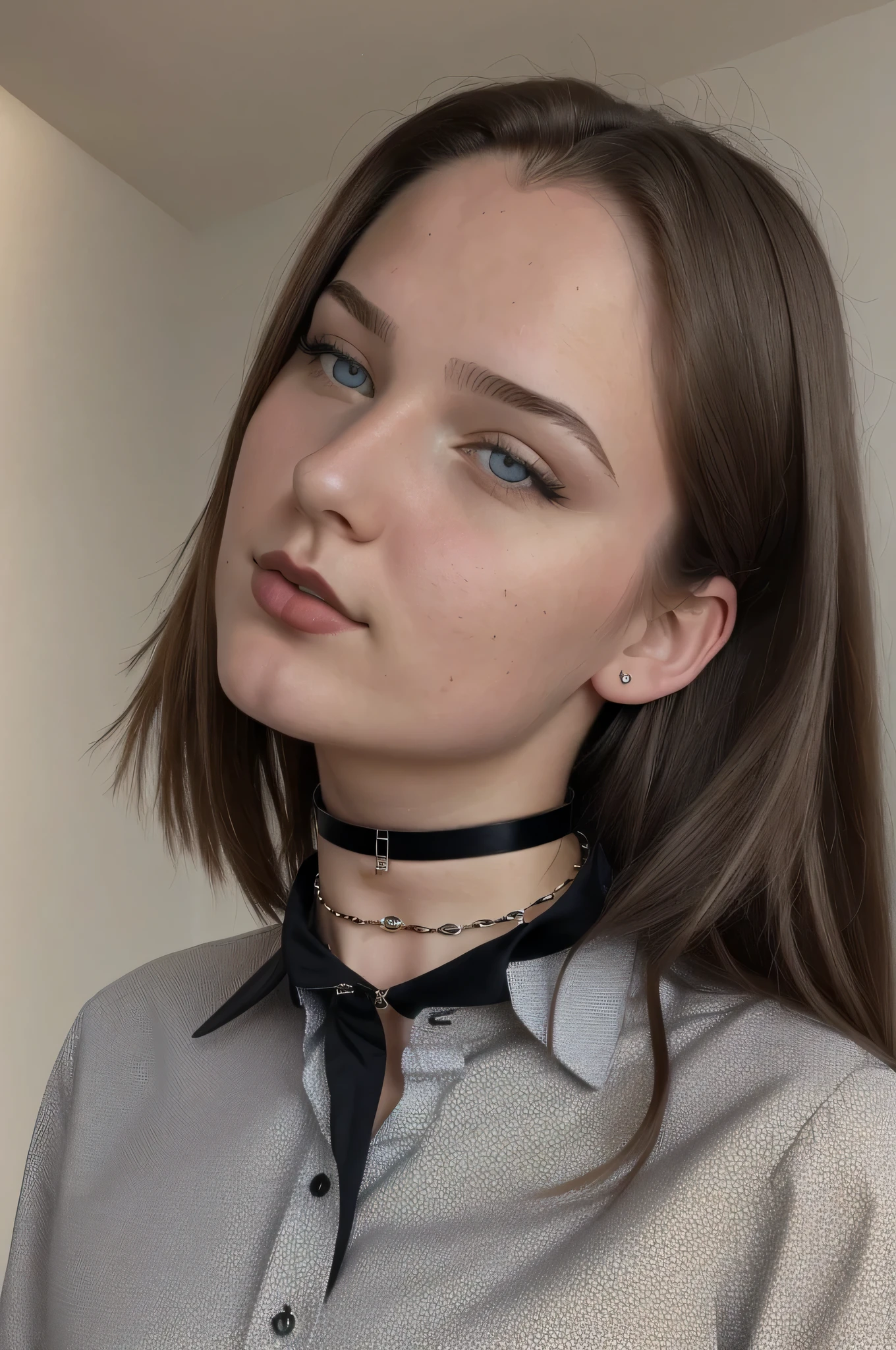 Photo of Katharina, a 18 year old cute girl ((best quality, masterpiece))(full body, RAW COLOR PICTURE), ((collared shirt, E-GIRL choker):1.2), Indoors, bedroom, house background ((detailed eyes, detailed face):1.2), High Image Texture Quality.
