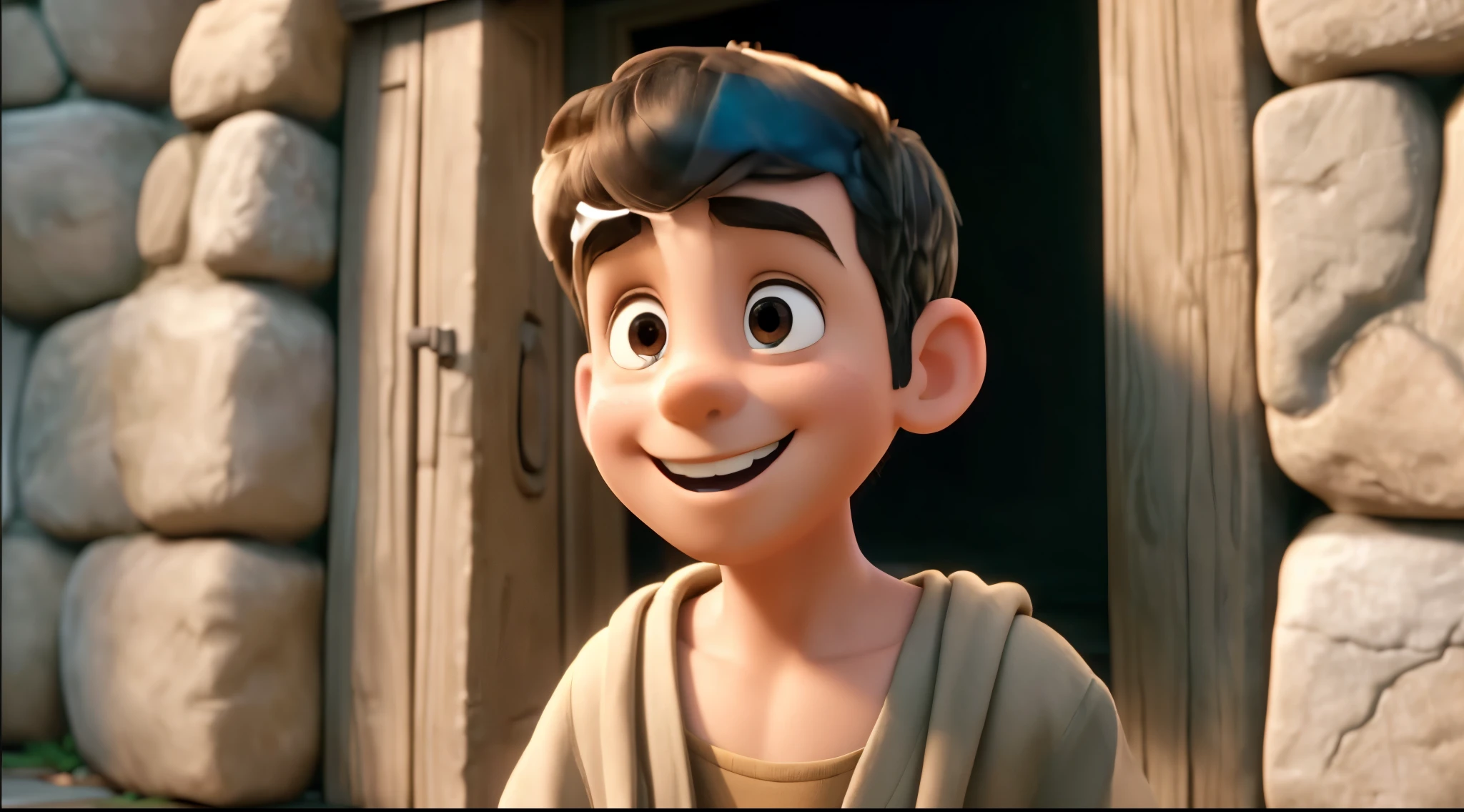 In this image, a boy is standing in a doorway, smiling. He has a wide, gap-toothed smile, his eyes are wide and brown, and he has thick eyebrows and a large nose. He has short, dark hair and is wearing a brown robe. The doorway is made of stone and the walls on both sides are covered in grey stones.