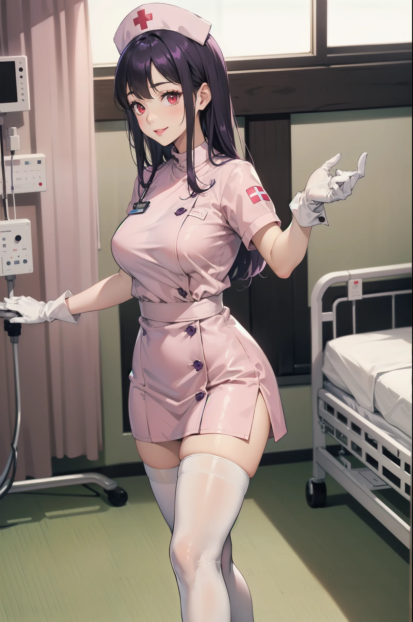 1woman, solo, nurse, nurse cap, white wear, ((white legwear, zettai ryouiki)), white gloves, long hair, purple hair, red eyes, pink lips, smile, standing, ((hospital room)), sharp outline, short sleeves, mature female, 35 years old, best quality, masterpiece