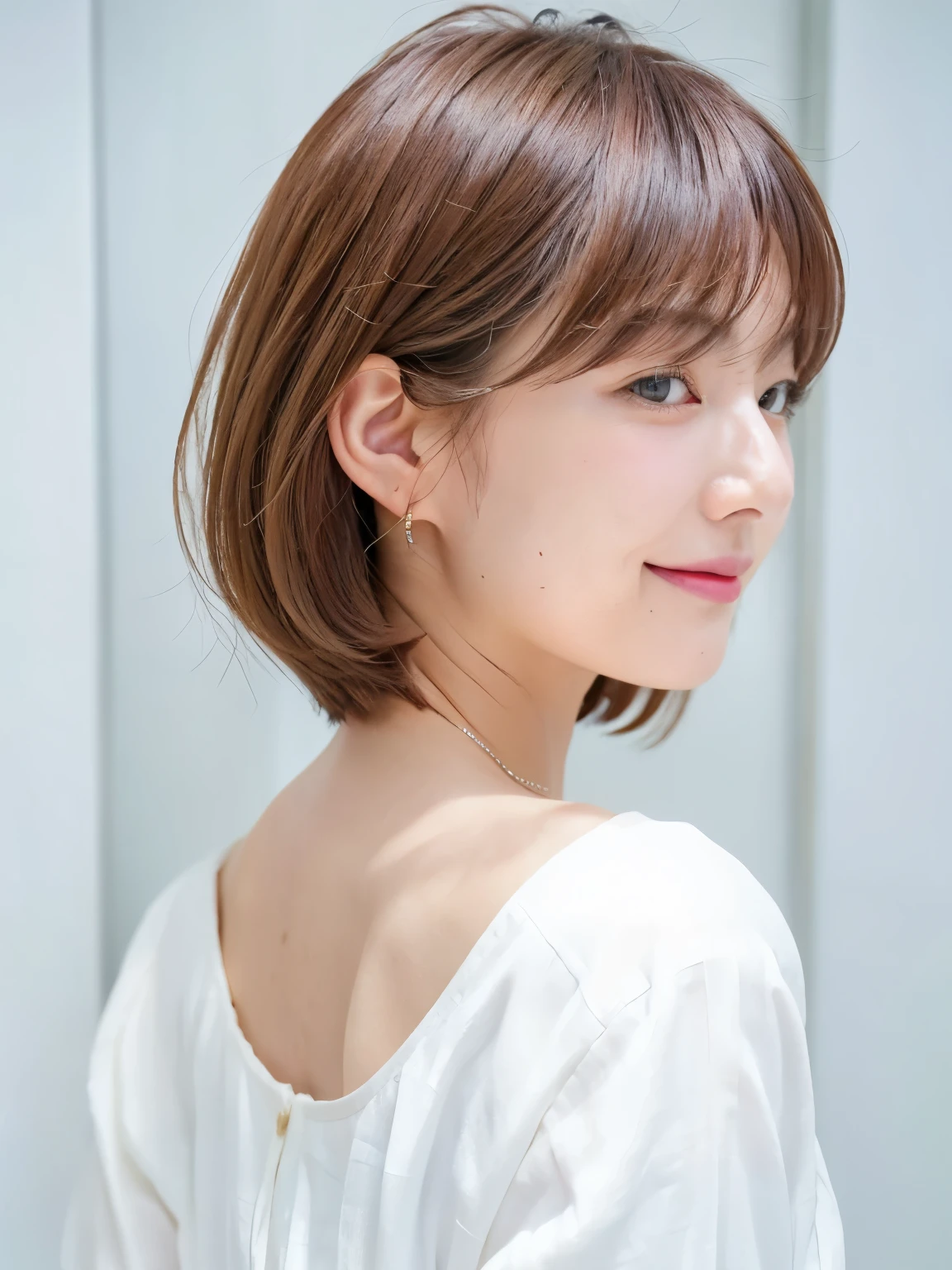 white wall、Taken in front of the white door、(8K、Raw photo、highest quality、masterpiece:1.2)、High-definition RAW color photo、professional photos、(realistic、フォトrealistic:1.37)、Photographed in natural light、1 girl、laughter、various poses、spring clothes、 necklace、(Beautiful profile:1.3)、Don'don't look at the camera、profile、shortcut、((gray hair color))、short hair、Photographed in natural light、earrings、pastel colored blouse、normal human face、Normal eyes、dark brown eyes