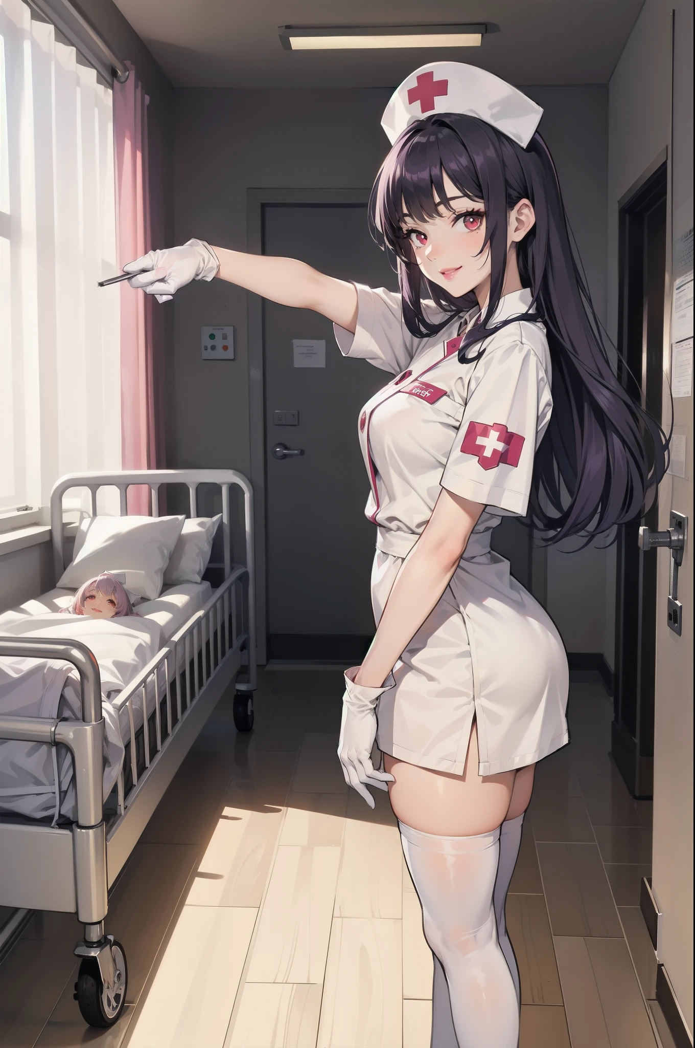 1woman, solo, nurse, white nurse cap, white nurse uniform, ((white legwear, zettai ryouiki)), white gloves, long hair, purple hair, red eyes, ((white surgical mask, covered nose)), standing, ((hospital room)), sharp outline, short sleeves, mature female, 35 years old, best quality, masterpiece