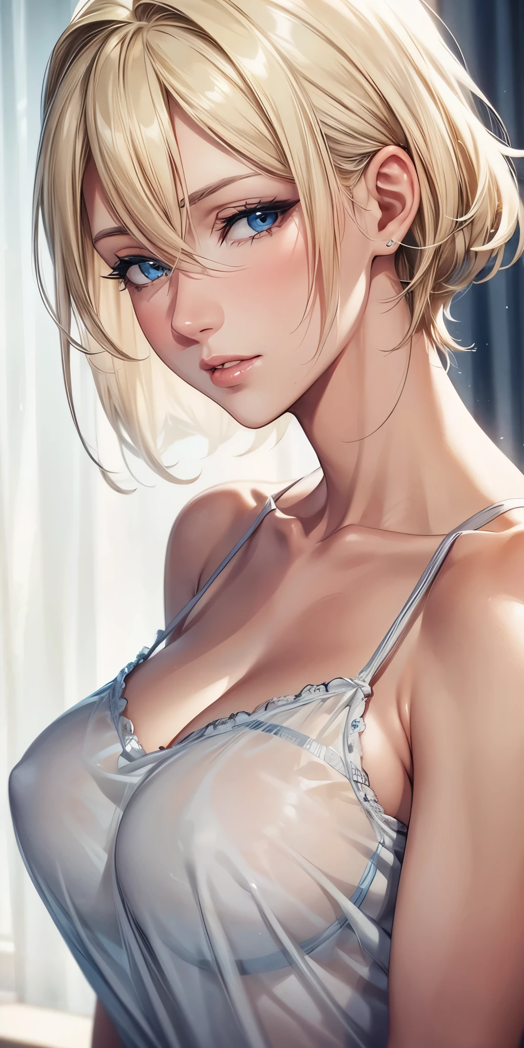 portrait, elegant mature woman, blue eyes, blonde hair, perfect eyes, big breast, transparent camisole, see through nipple, high resolution 8k, beautiful cg, soft light