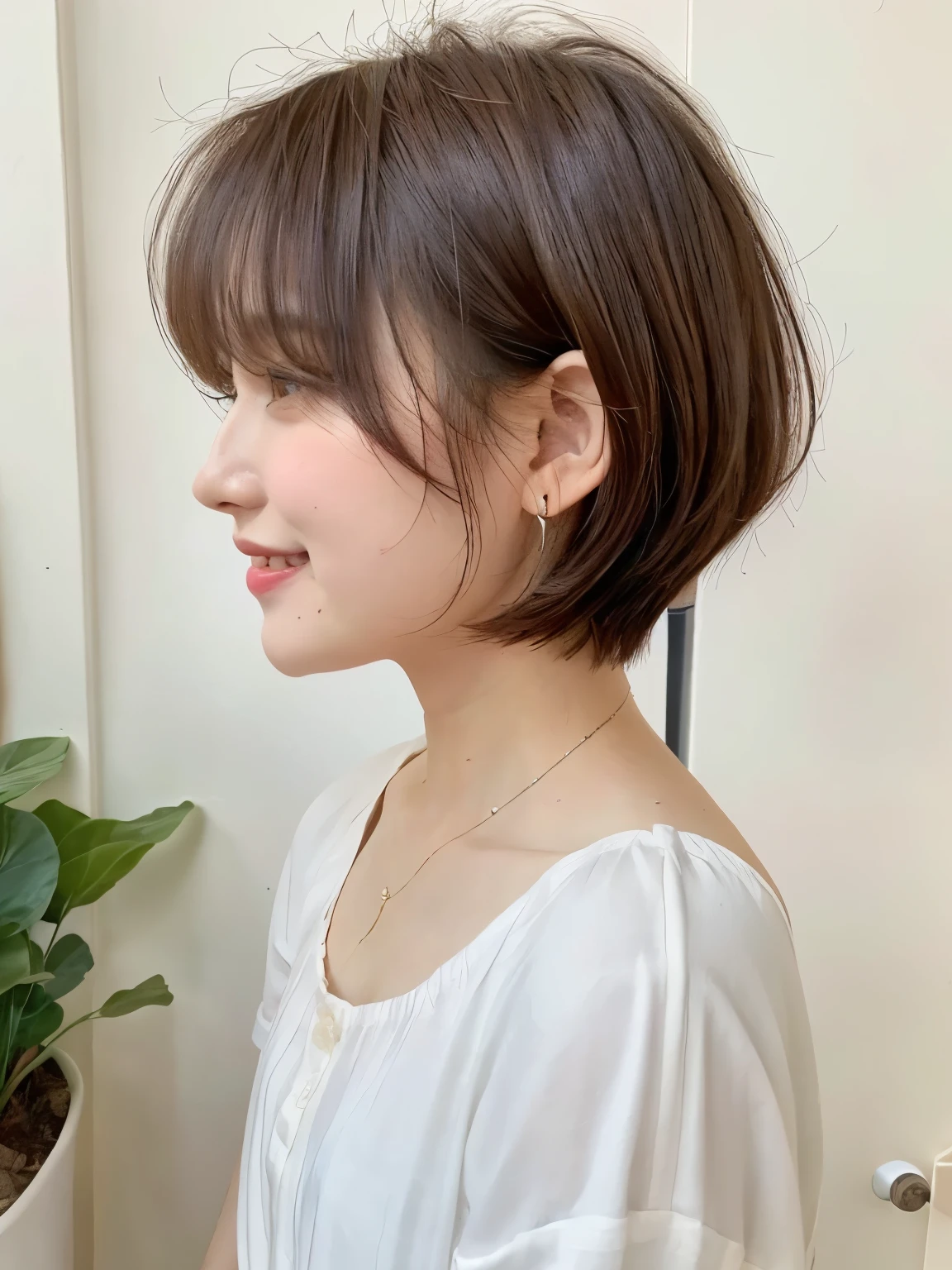 white wall、Taken in front of the white door、(8K、Raw photo、highest quality、masterpiece:1.2)、High-definition RAW color photo、professional photos、(realistic、フォトrealistic:1.37)、Photographed in natural light、1 girl、laughter、various poses、spring clothes、 necklace、(Beautiful profile:1.3)、Don'don't look at the camera、profile、shortcut、((gray hair color))、short hair、Photographed in natural light、earrings、pastel colored blouse、normal human face、Normal eyes、dark brown eyes