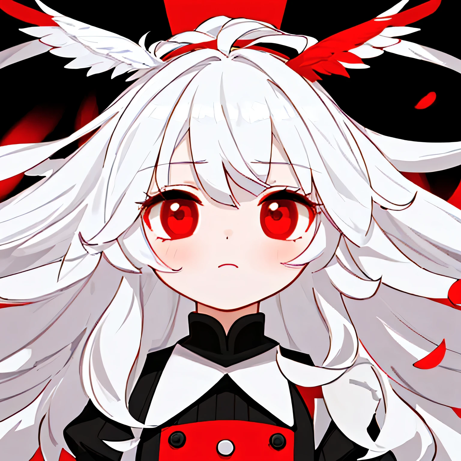 ,, , white hair, long hair, red stripes in hair, white and red feathers atop head, 4k, high quality, portrait, black dress, red eyes, wholesome
