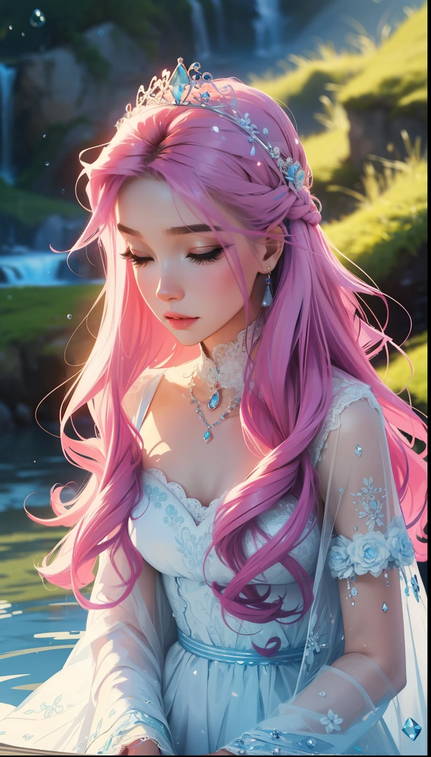 A captivating scene emerges from a canvas-like photograph. A stunning woman, with cascading waves of long hair that blends vibrant pink and cool blue, graces the center. She's adorned in a flowing white dress, its delicate fabric etched with whimsical floral patterns. A crown, shimmering with jewels, rests upon her head, and other exquisite jewelry adorns her. The scene unfolds against a dreamlike backdrop of cascading water, wispy bubbles adding a touch of whimsy. The entire image is imbued with a soft, painterly quality, as if brushed onto existence.