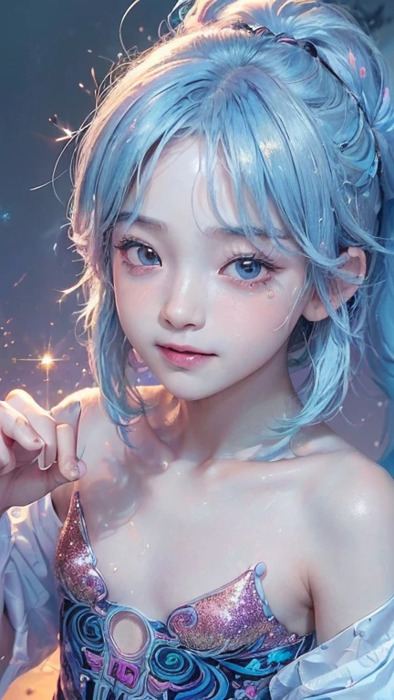 （full body portrait：1.10）、(from head to toe)、unity 8k wallpaper、super detailed、beautiful beautiful、masterpiece、highest quality、(tangleた、mandala、tangle、tangle)、((illustration style:1.2))、(fractal art:1.3)、beautiful lighting, Movies in which boys shine, realistic shadow, huge file size, Bright colors, clear image quality, Colorful, fantasy, [High resolution], (((A boy with a small face resembling a 12-year-old girl:2.0))), (Shota:1.2), (baby face), (My chest isn&#39;t expanding:1.3), neat fingers, ((Glitter Perfect Beautiful Boy:1.5)), Handsome, Cool, Juarsay, ((innocent smile:1.4)), ((Super Cute Super Beautiful Boy)), (Clear, gentle eyes), dual, ((with blushing cheeks:1.4)), ((morning、透明な黒い大きな悪魔の羽を持つ装飾された高度にデザインされた男性のCool衣装を着た美しい少年:1.8)), (Cool bright pale sky blue hair:1.6)), Body with artistic tattoos, (Random Prank Pose:1.5)
