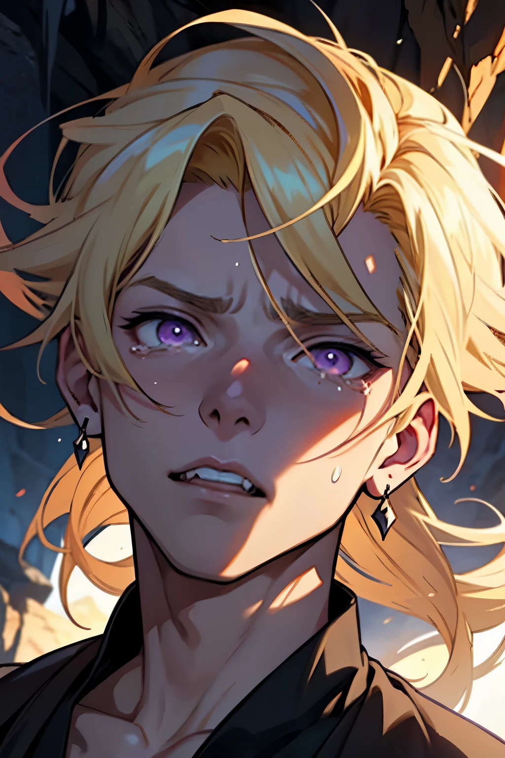 anime - scared face, shocked face, crying face, scared, tears, mouth open, screams, squinting, screaming, looking at the sky, looking up, style image of a young prince with purple eyes and blonde hair, blonde hair, blonde hair, a portrait of a male prince, beautiful male prince, a male prince, portrait of a young prince, handsome guy in demon slayer art, male, young, beautiful androgynous prince, smirk, artwork in the style of guweiz, inside a cave, dark cave, stomach acid, skull, dead skull
