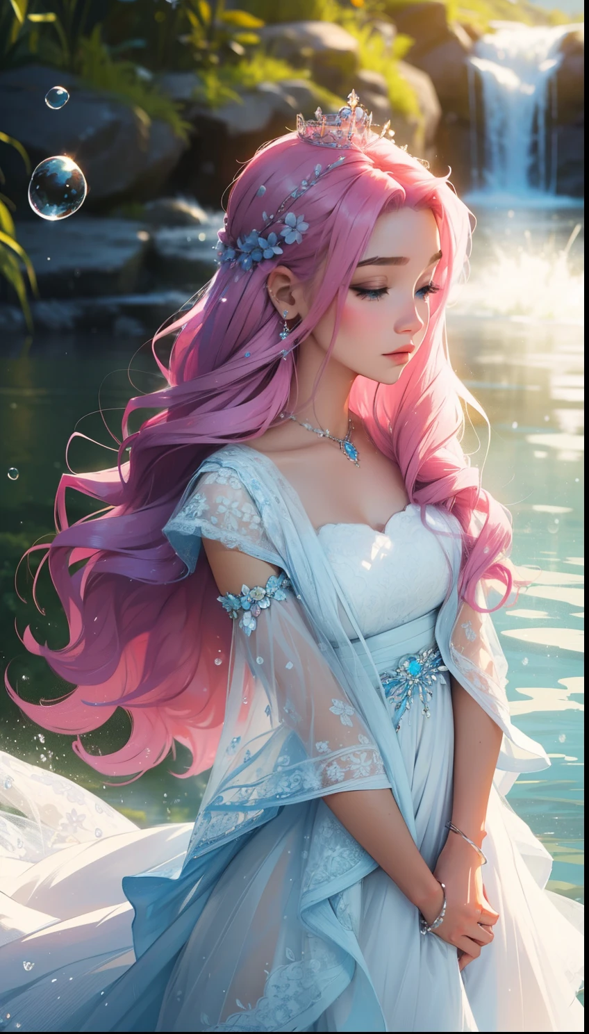 A captivating scene emerges from a canvas-like photograph. A stunning woman, with cascading waves of long hair that blends vibrant pink and cool blue, graces the center. She's adorned in a flowing white dress, its delicate fabric etched with whimsical floral patterns. A crown, shimmering with jewels, rests upon her head, and other exquisite jewelry adorns her. The scene unfolds against a dreamlike backdrop of cascading water, wispy bubbles adding a touch of whimsy. The entire image is imbued with a soft, painterly quality, as if brushed onto existence.