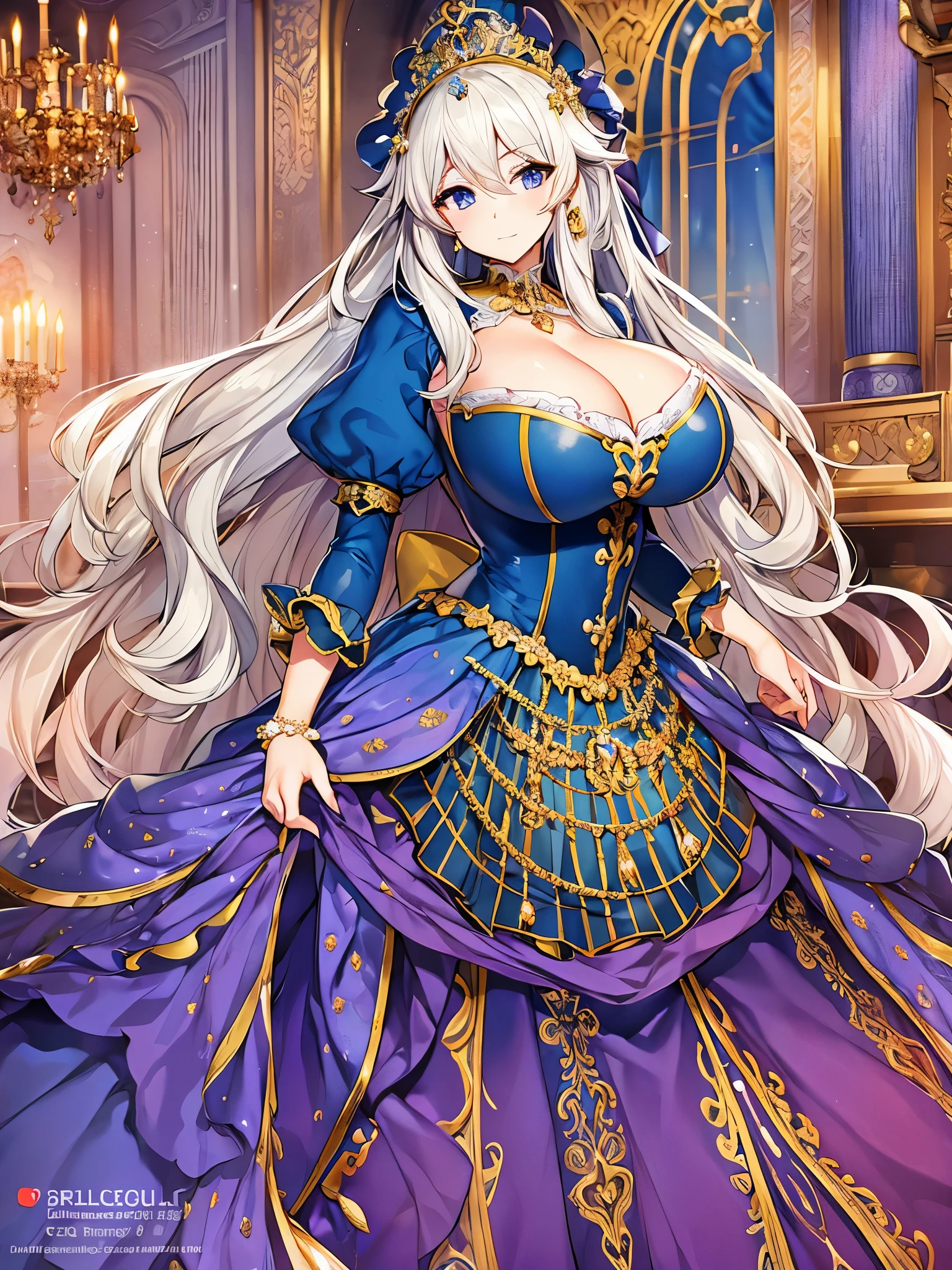 ((anime artstyle)),cinematic lighting,Solo,full body,full body portrait,((1 gorgeous rococo princess)),detailed face and eyes,jewel-like eyes,(((very very gigantic tits,cleavage,curvy))),Skindentation,((fantasy castle,outdoor)),((crinoline,long train)),super detailed gorgeous princess rococo ballgown with voluminous full length hoop skirt and long train,((gorgeous princess rococo ballgown with beautiful embroidery and jeweled)),((large amount of straight hair,extremely voluminous Very Long Hair,Very Long Straight Hair)),extremely gorgeousfull hair ornament,bling-bling extremely gorgeousfull jeweled tiara,luxurious jewelry,full body,,((gorgeous princess rococo ballgown with voluminous full length hoop skirt))