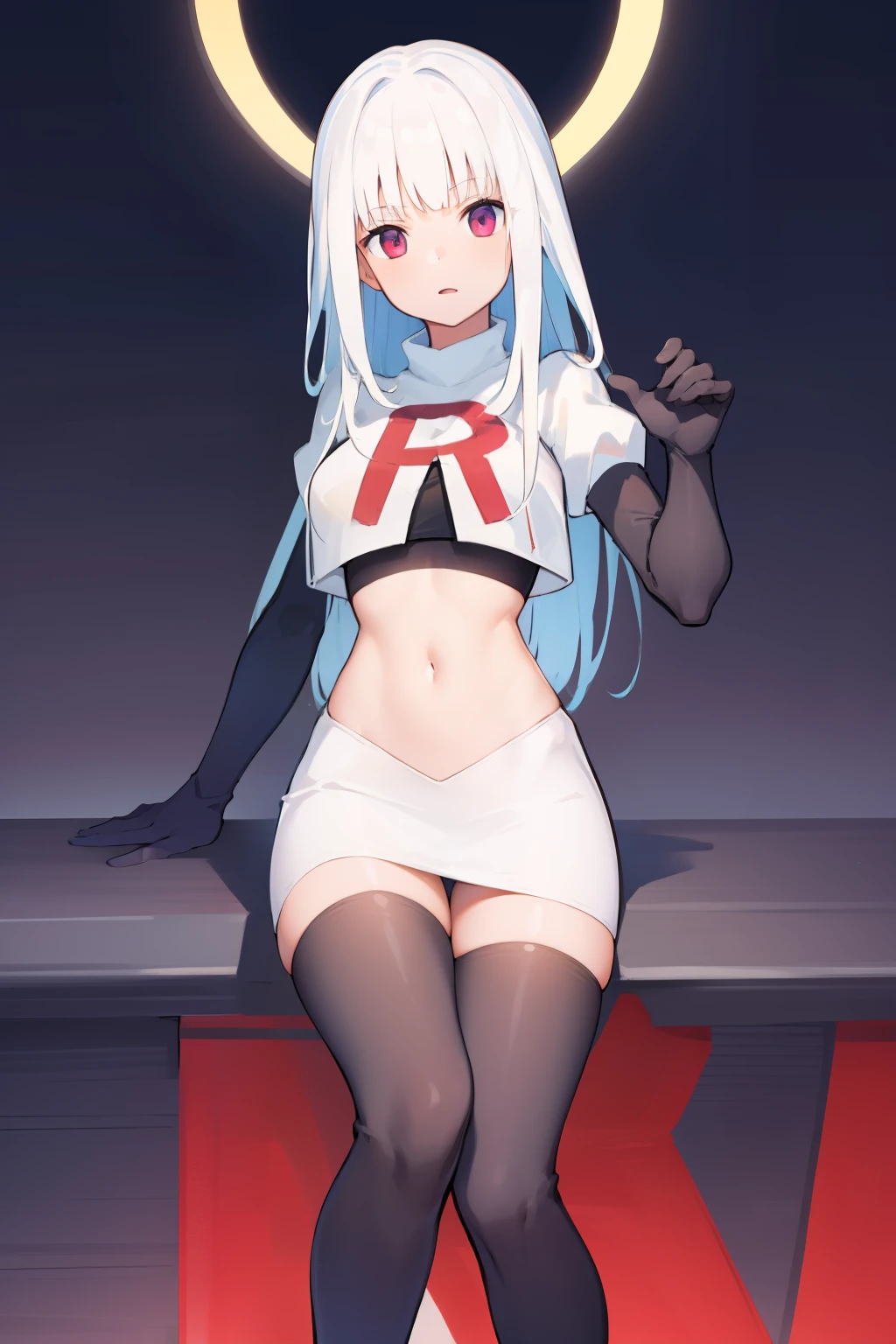 1 young and gorgeous girl, masterpiece, best quality, 8k uhd, ultra high res, simple background, team rocket,team rocket uniform, red letter R, white skirt,white crop top,black thigh-highs,black elbow gloves